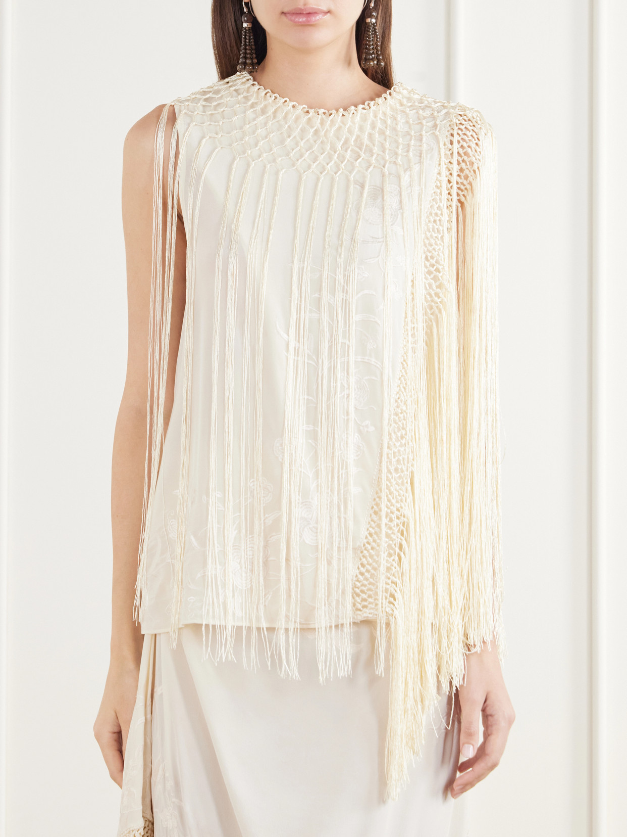 Willa Fringed Embroidered Silk-Crepe De Chine Blouse