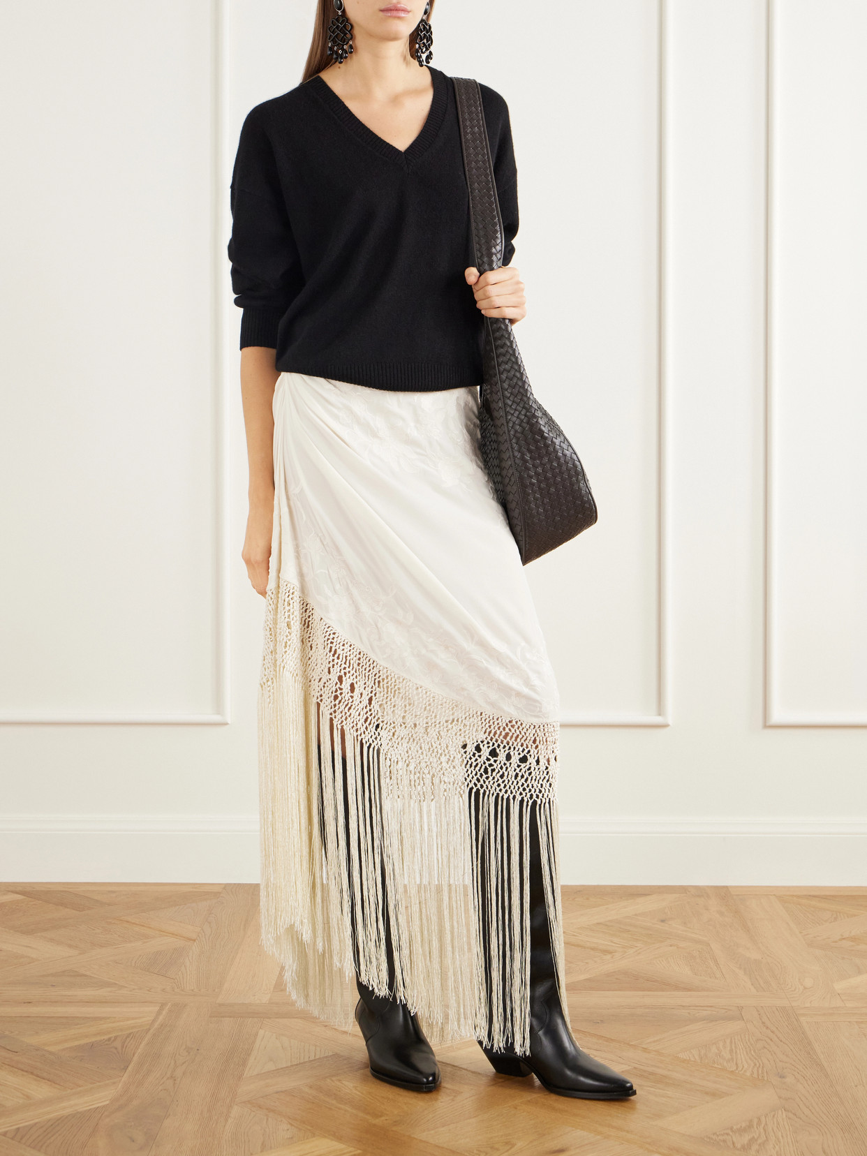 Lark Fringed Embroidered Silk-Crepe De Chin Midi