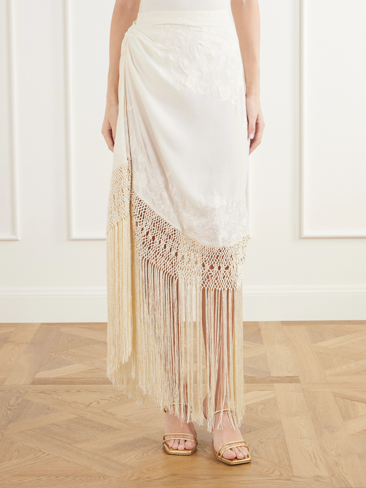 Lark Fringed Embroidered Silk-Crepe De Chin Midi