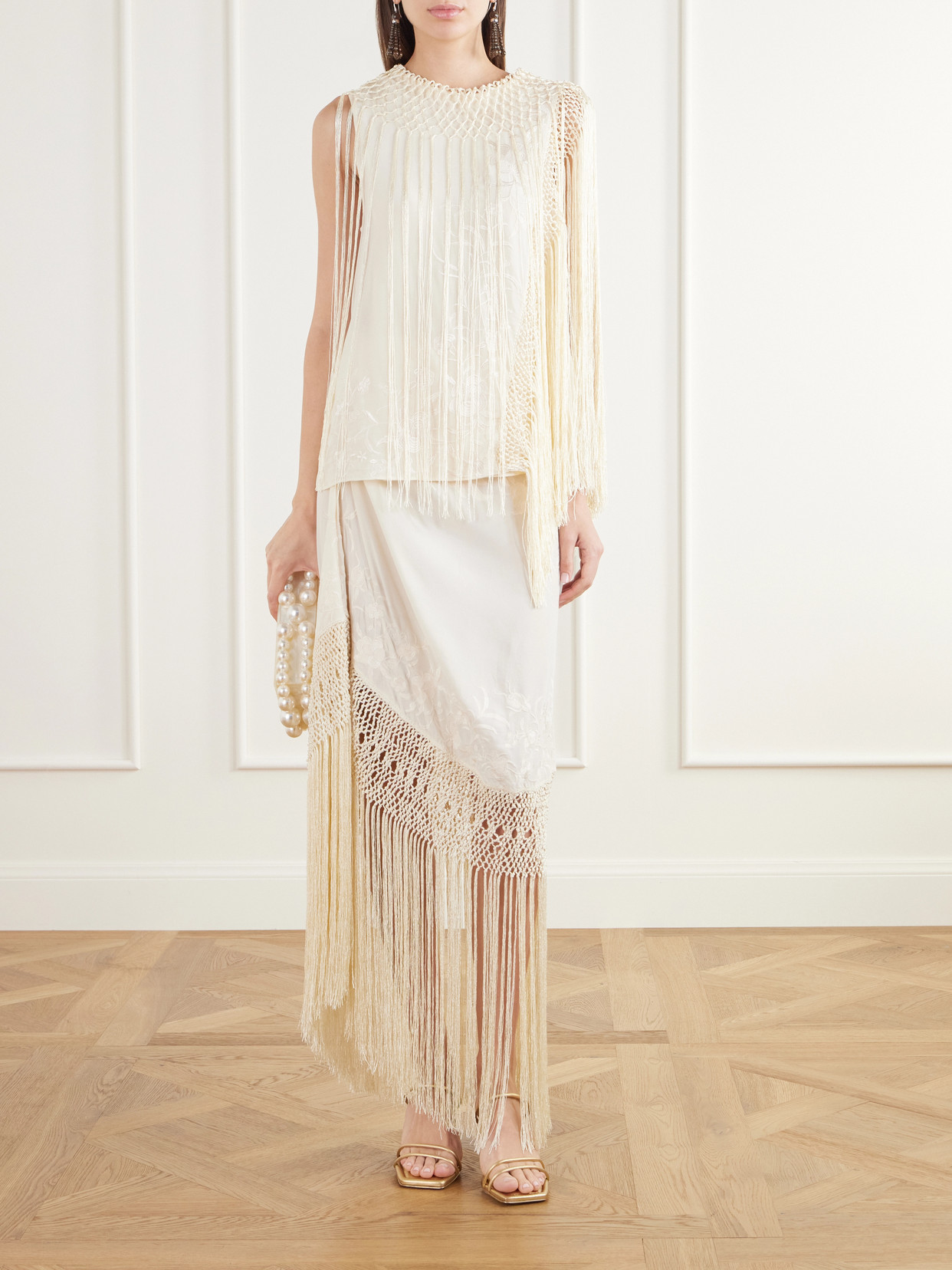 Lark Fringed Embroidered Silk-Crepe De Chin Midi