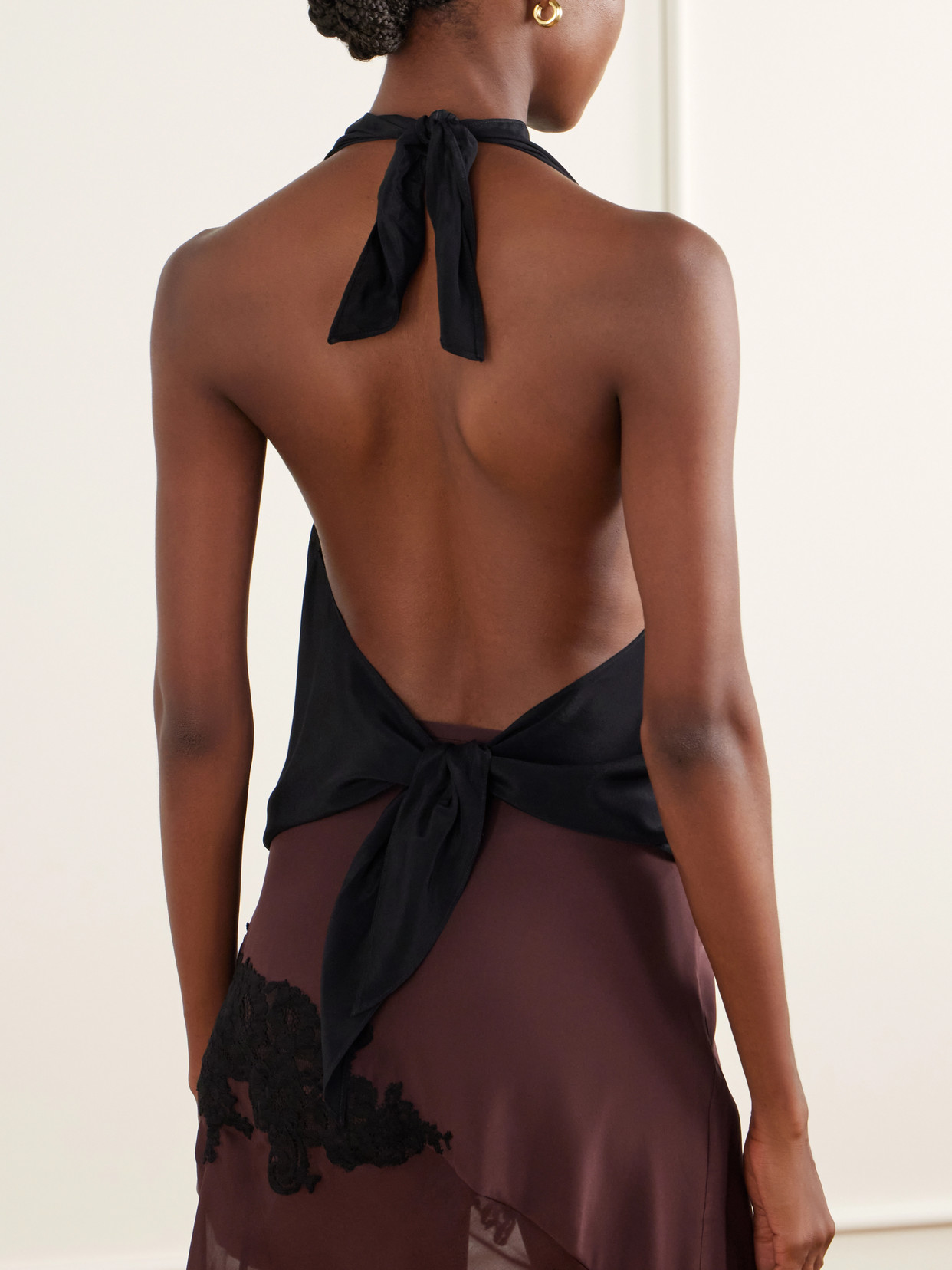 . - Tie-Detailed Lace-Trimmed Top