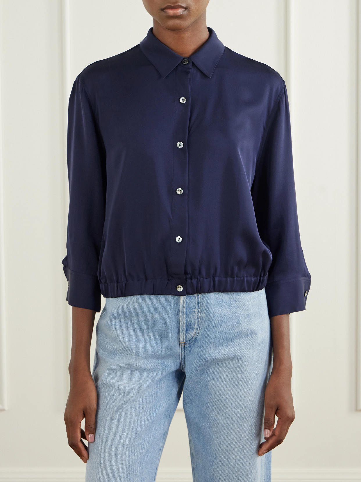 Gathered Crop Silk-Crepe Shirt