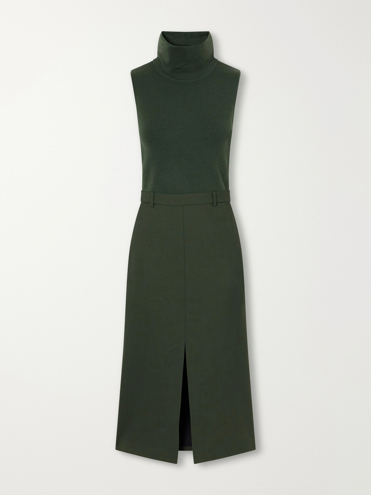 Theory Merino Wool-blend Jersey And Fresco Turtleneck Midi Dress In Green