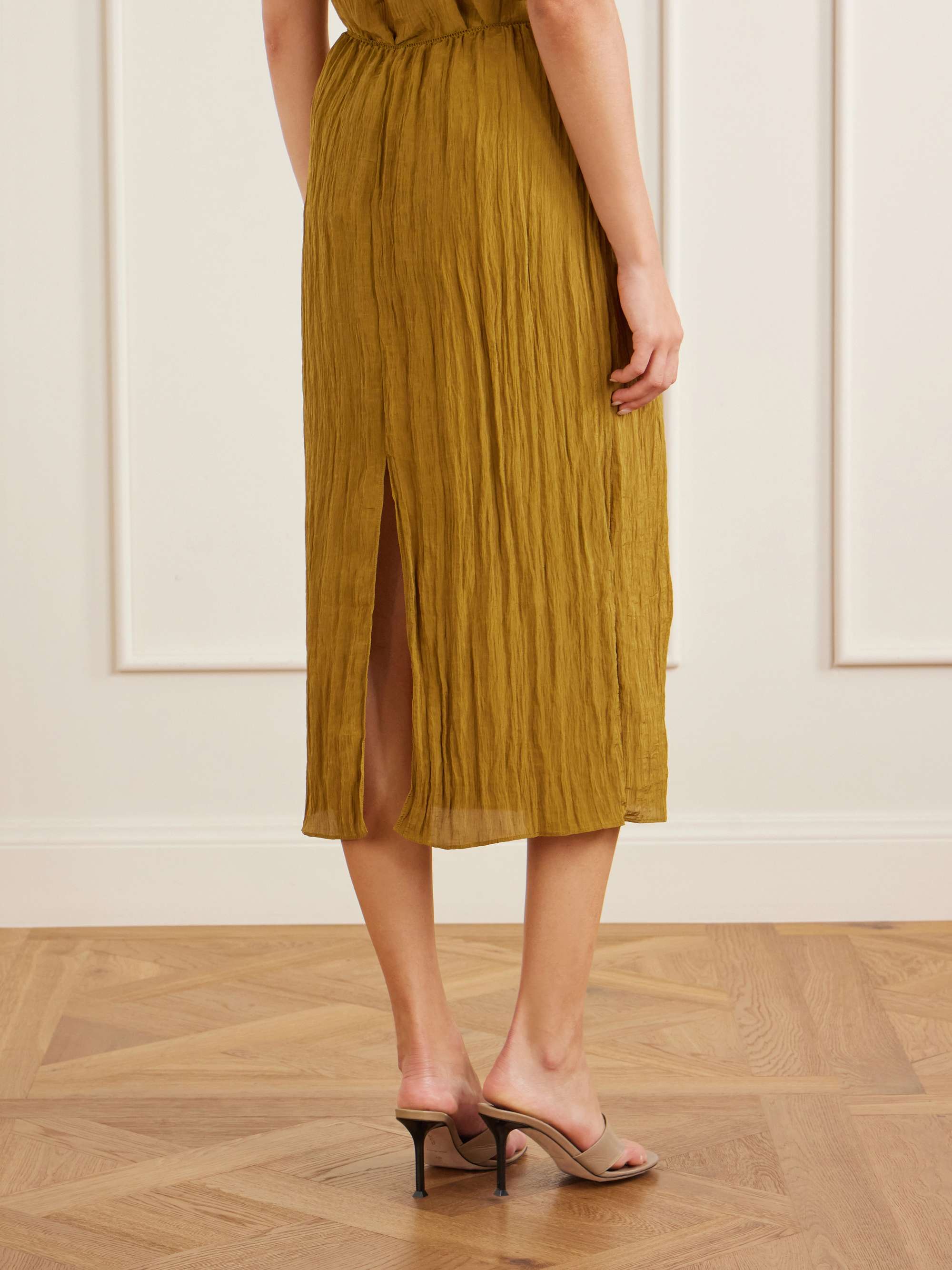 tibi yellow pleated dress Drapey Jersey Cut Out Sculpted Shirred Dress Brown/Dusty Yellow Multi / 02 / S123DJ1564