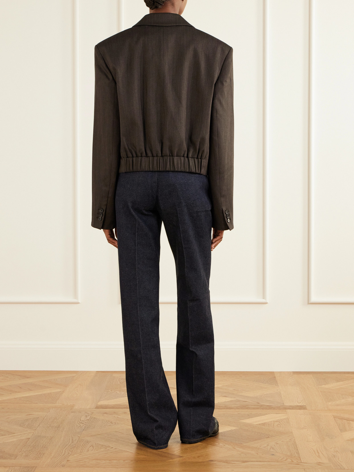 Tibi Wool-blend Herringbone Cropped Blazer In Brown