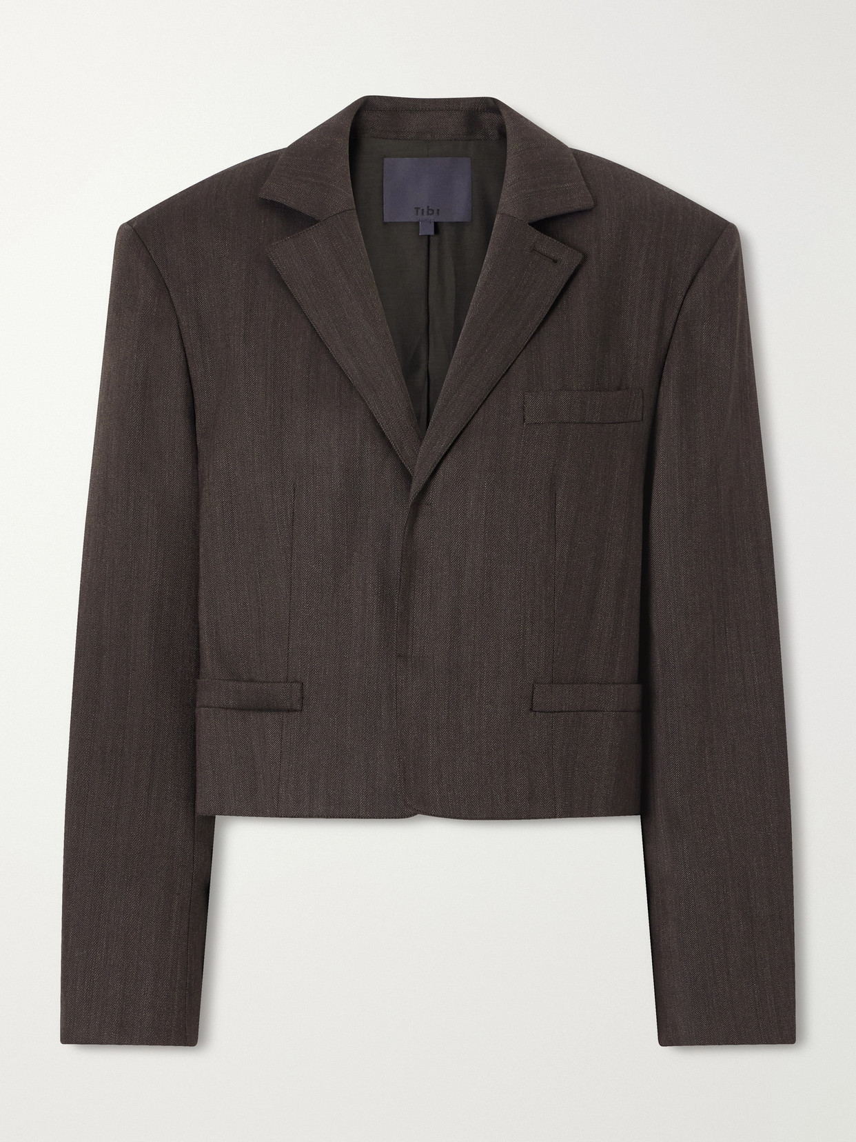 Tibi Wool-blend Herringbone Cropped Blazer In Brown