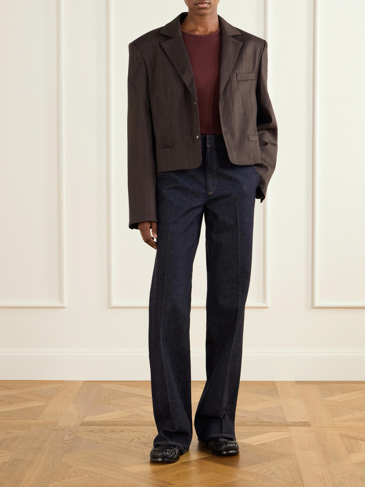 Tibi Wool-blend Herringbone Cropped Blazer In Brown