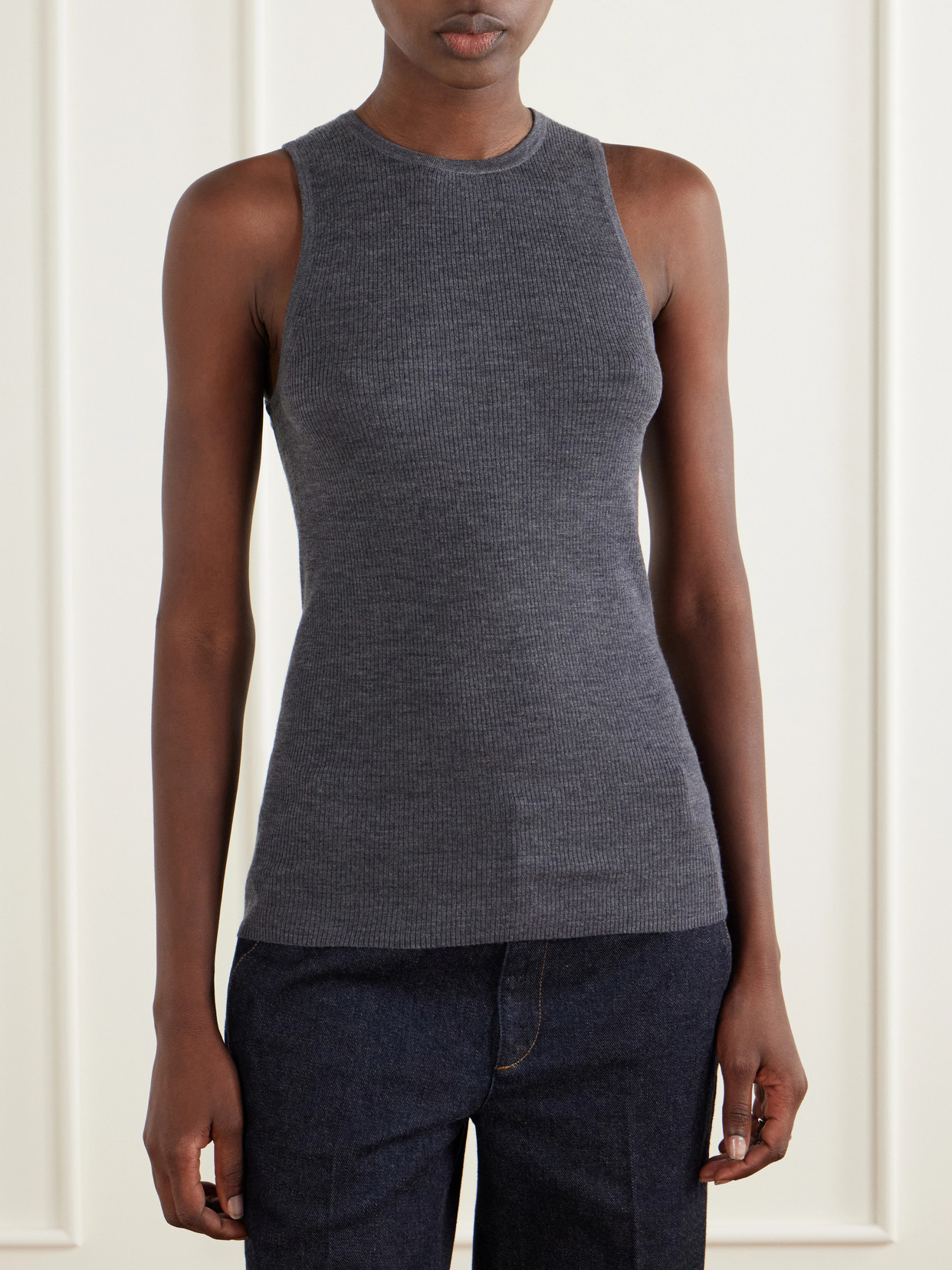 Tibi Ribbed Wool Tank In Gray