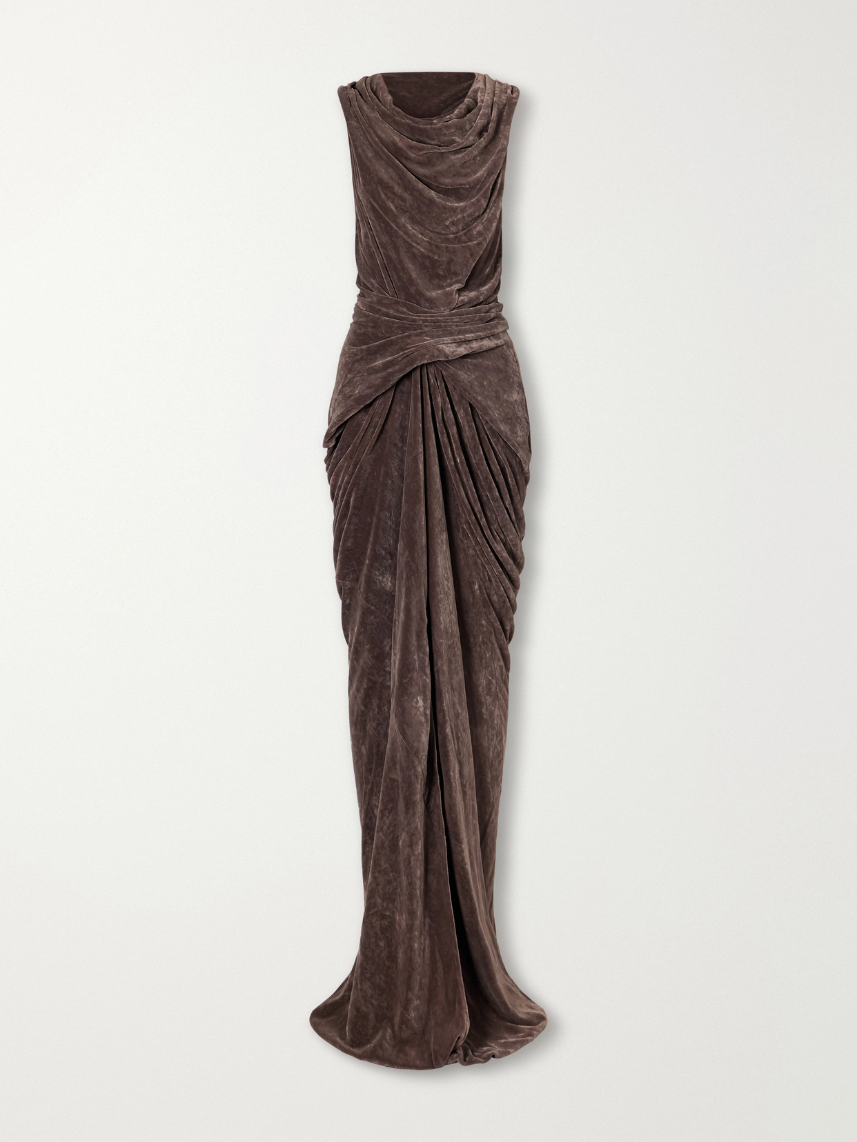 Rick Owens Strutter Draped Velvet Floor-length Gown In Brown