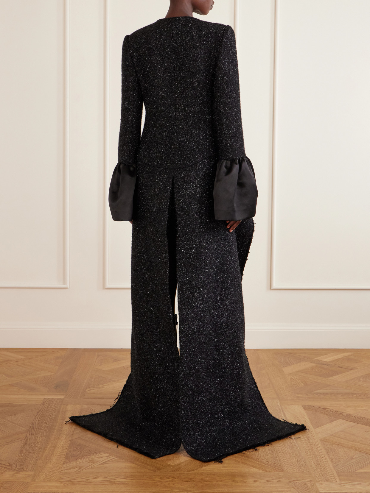 Asymmetric Satin-Trimmed Metallic Long Coat