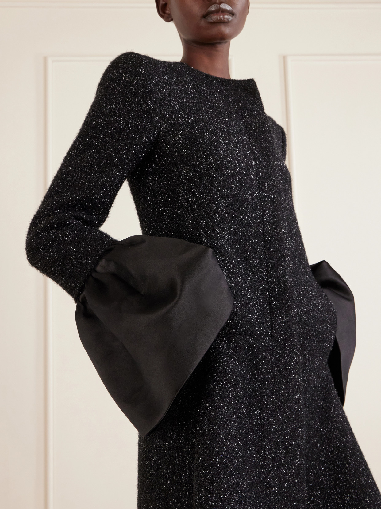 Asymmetric Satin-Trimmed Metallic Long Coat