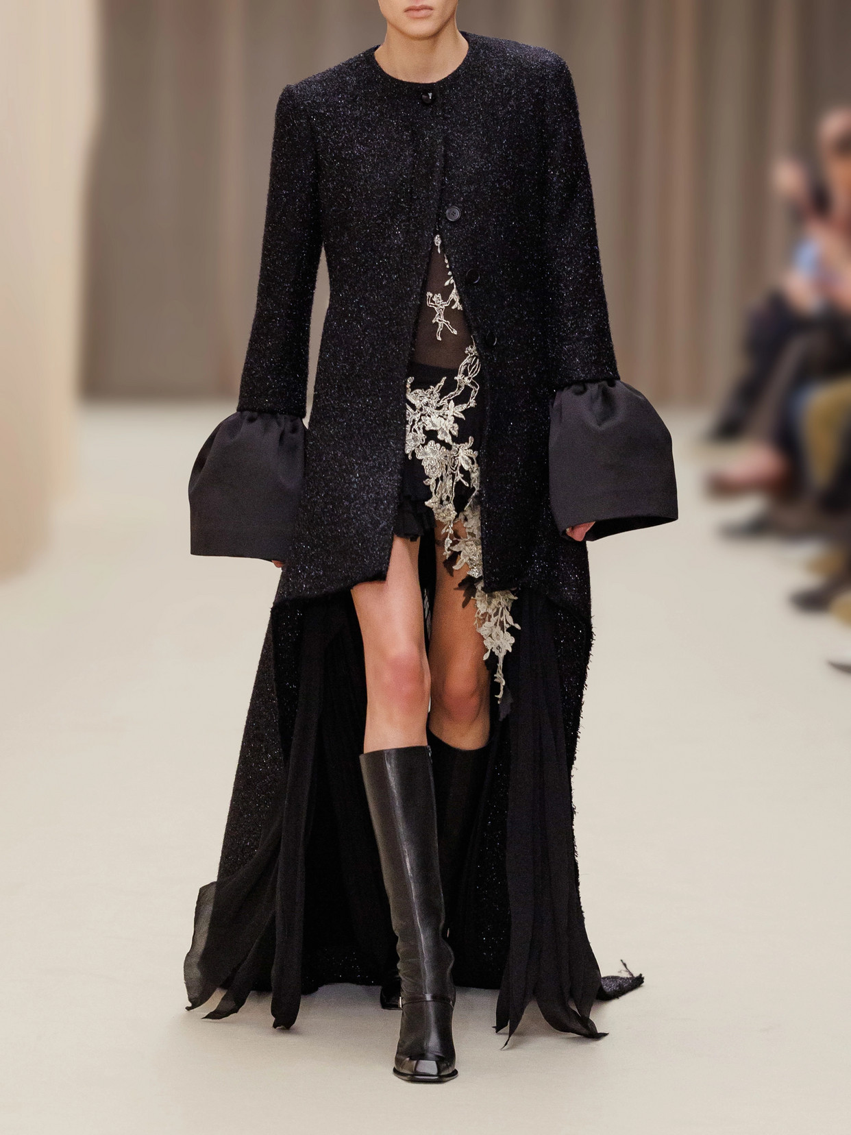 Asymmetric Satin-Trimmed Metallic Long Coat