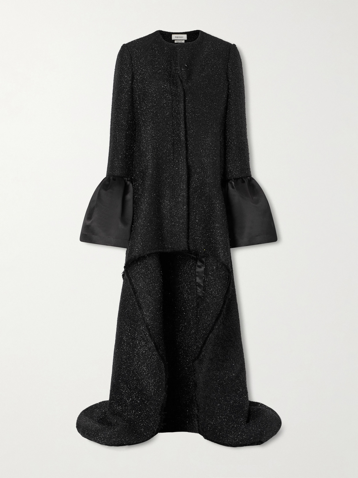 Asymmetric Satin-Trimmed Metallic Long Coat