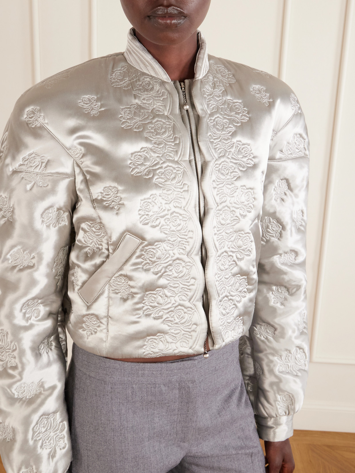 Cropped Padded Floral-Embroidered Jacket