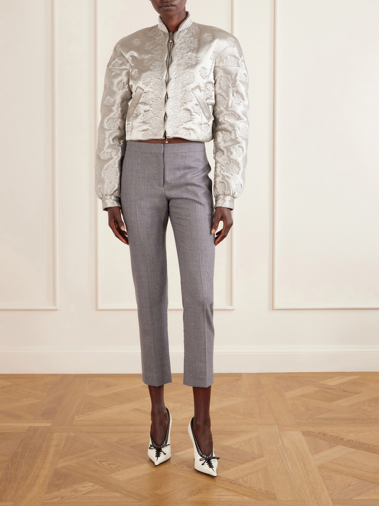 Cropped Padded Floral-Embroidered Jacket