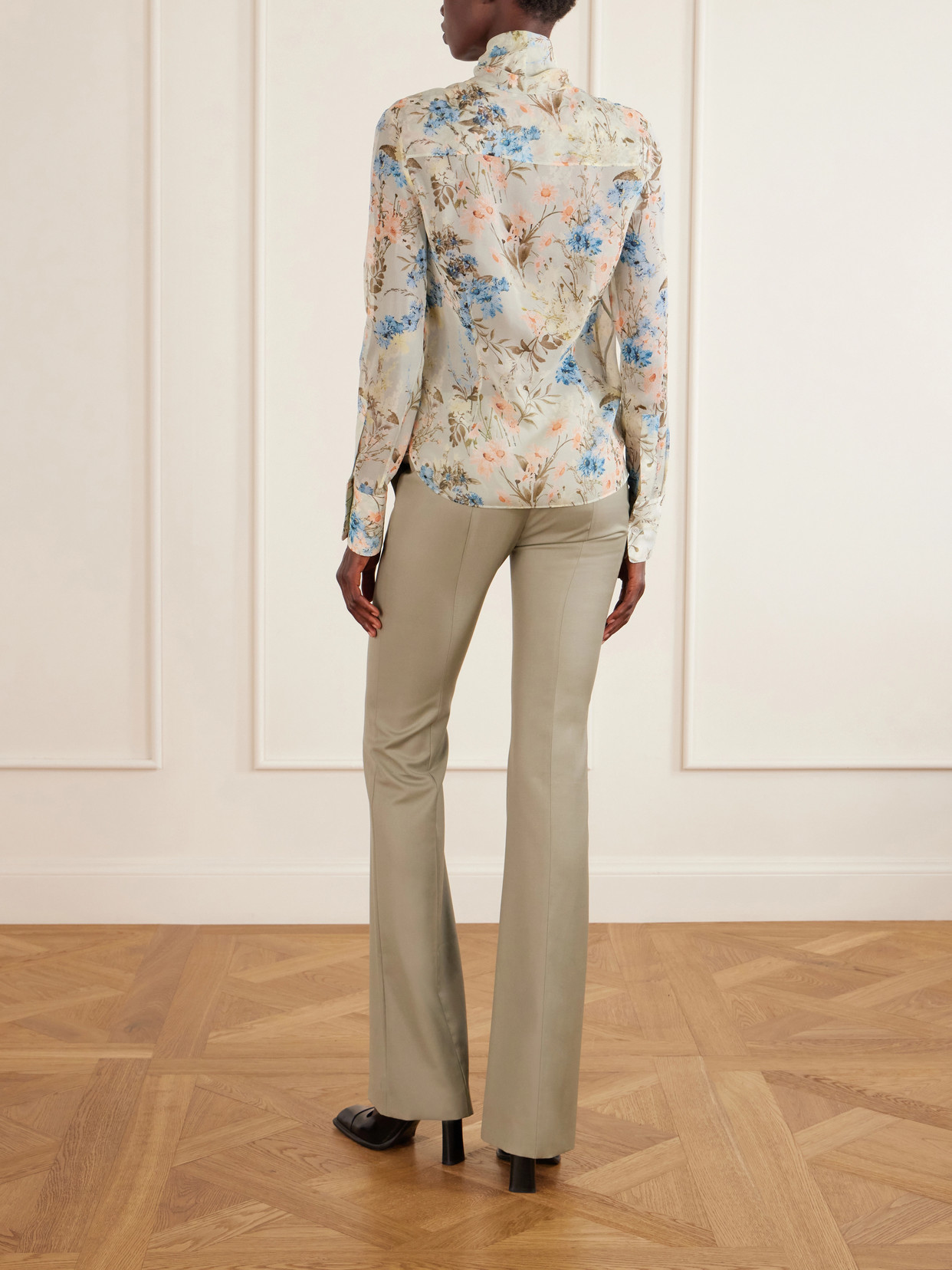 Pussy-Bow Floral-Print Silk-Chiffon Blouse