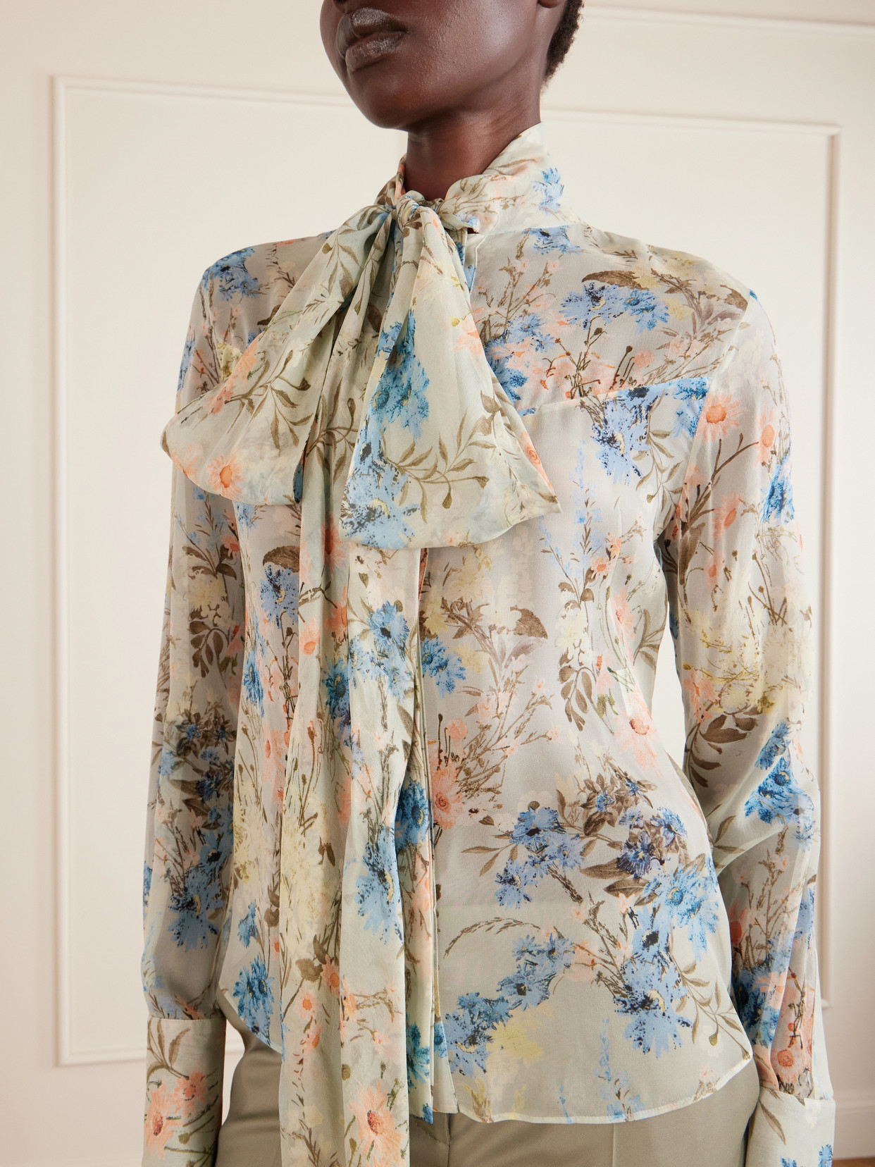 Pussy-Bow Floral-Print Silk-Chiffon Blouse