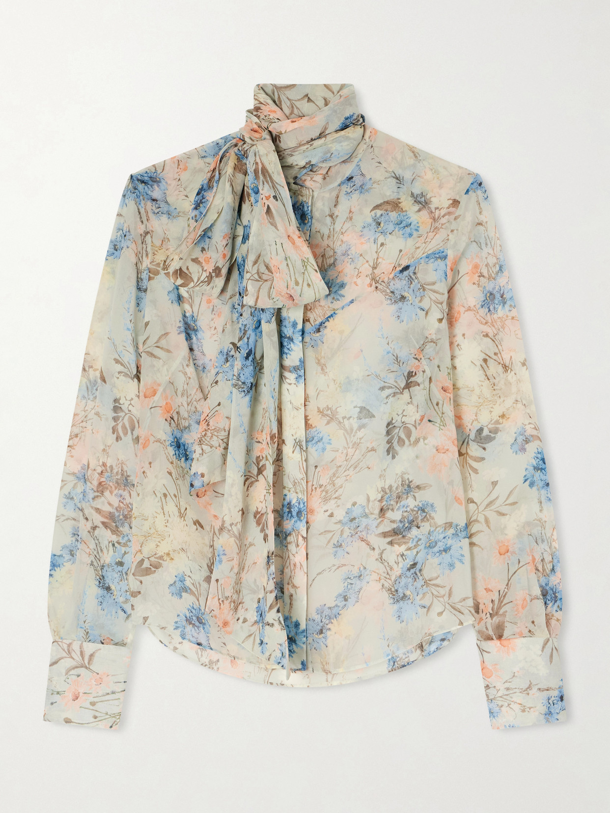 Pussy-Bow Floral-Print Silk-Chiffon Blouse