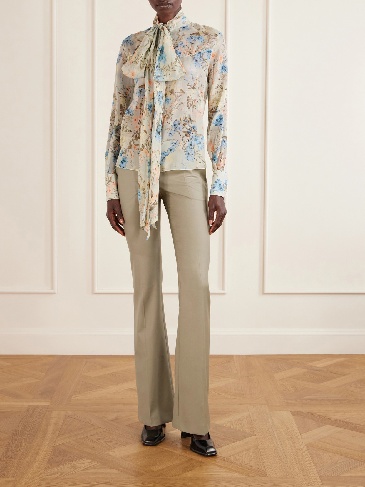 Pussy-Bow Floral-Print Silk-Chiffon Blouse