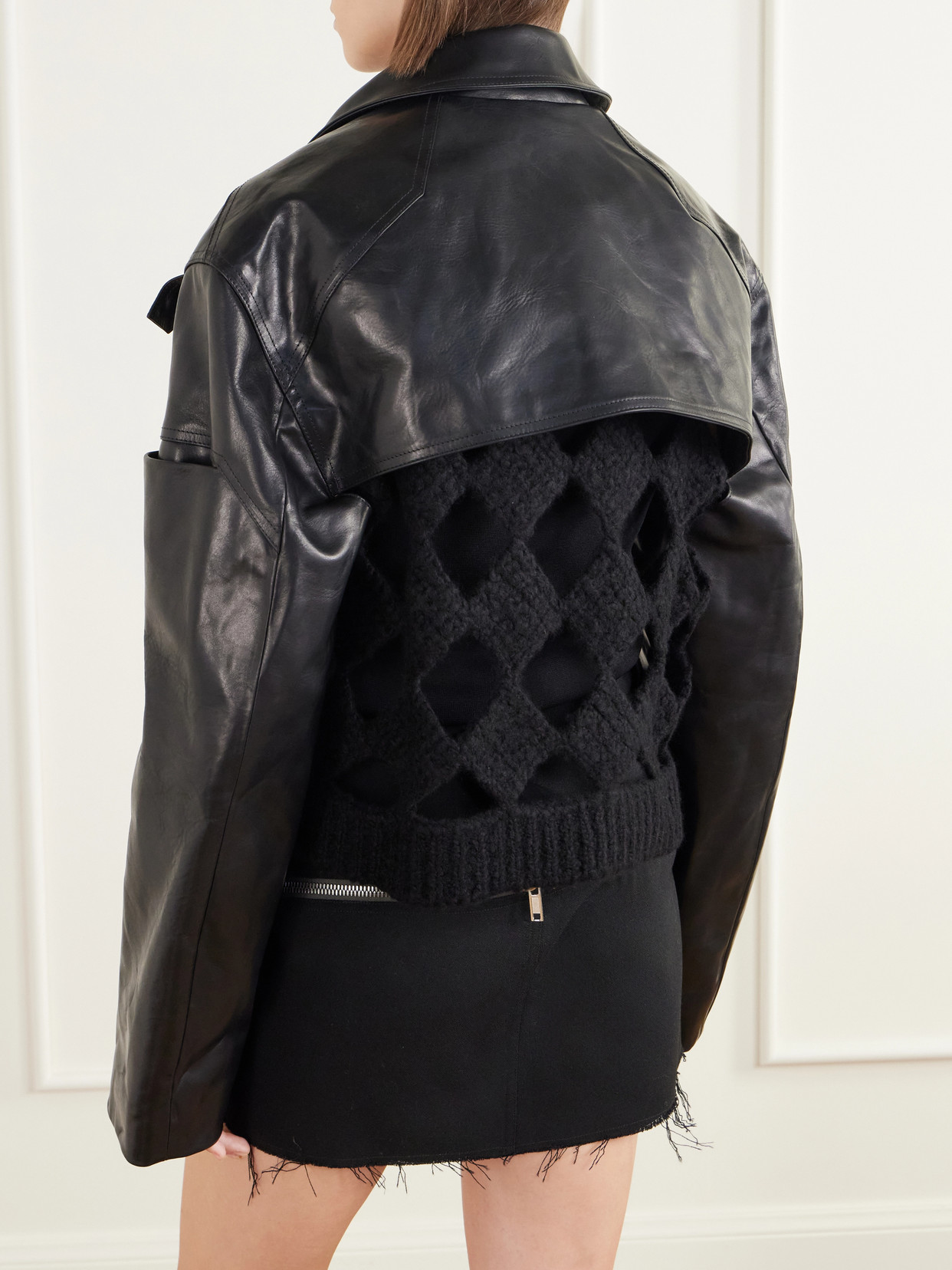 Funnel-Neck Paneled Leather Bolero