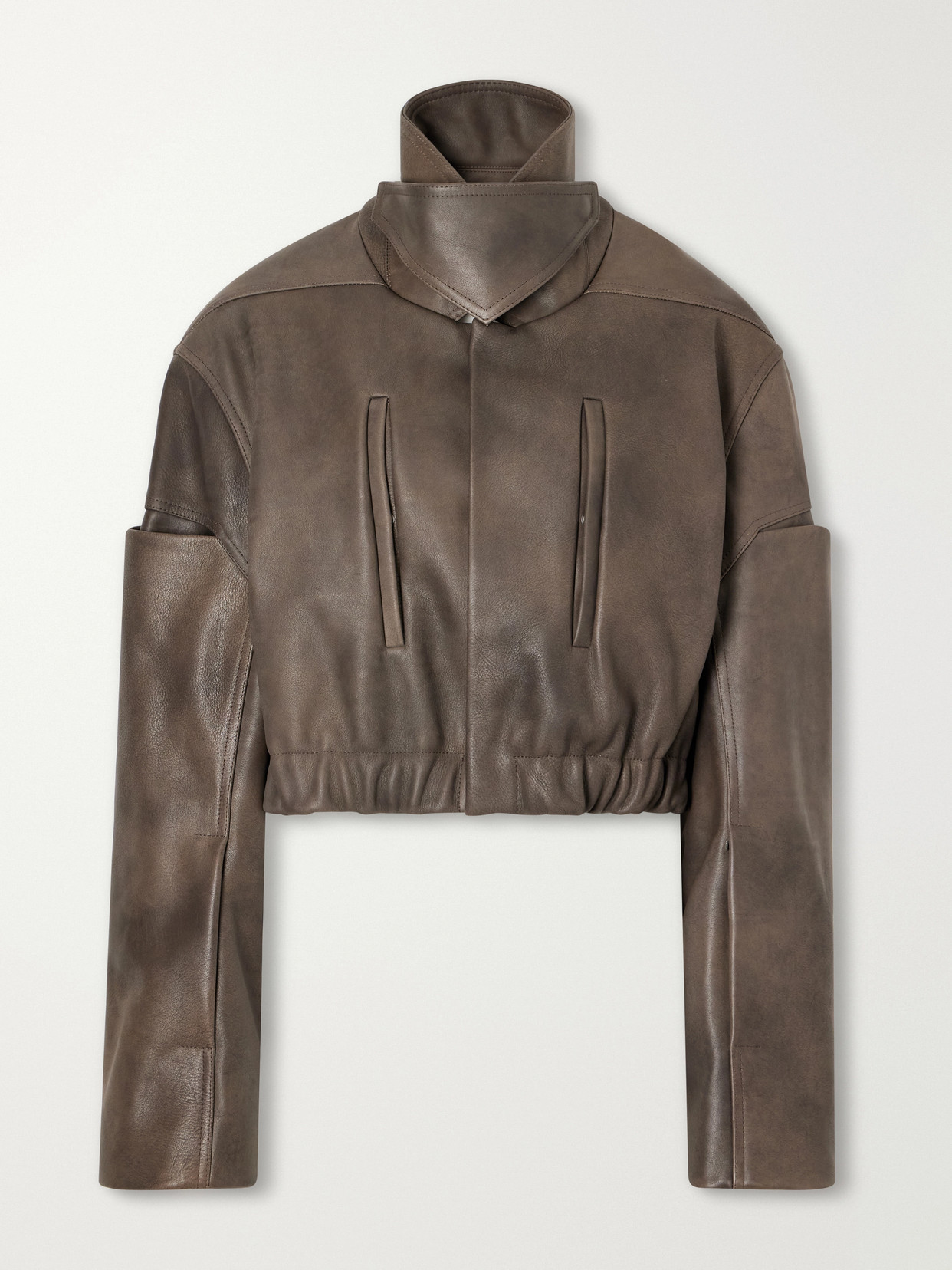 Rick Owens Cropped Funnel-neck Leather Jacket In Brown
