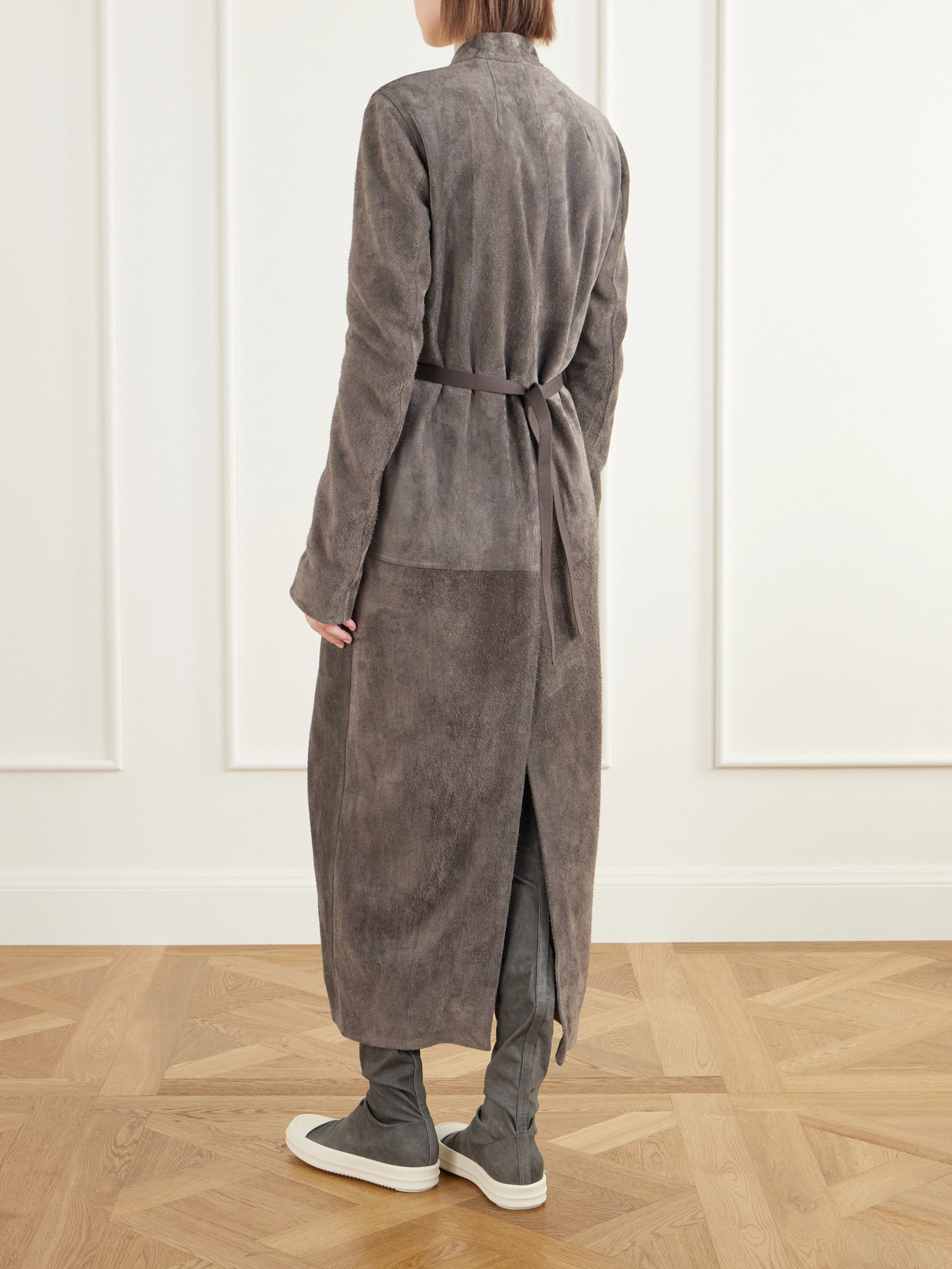 Belted Paneled Suede Wrap Coat