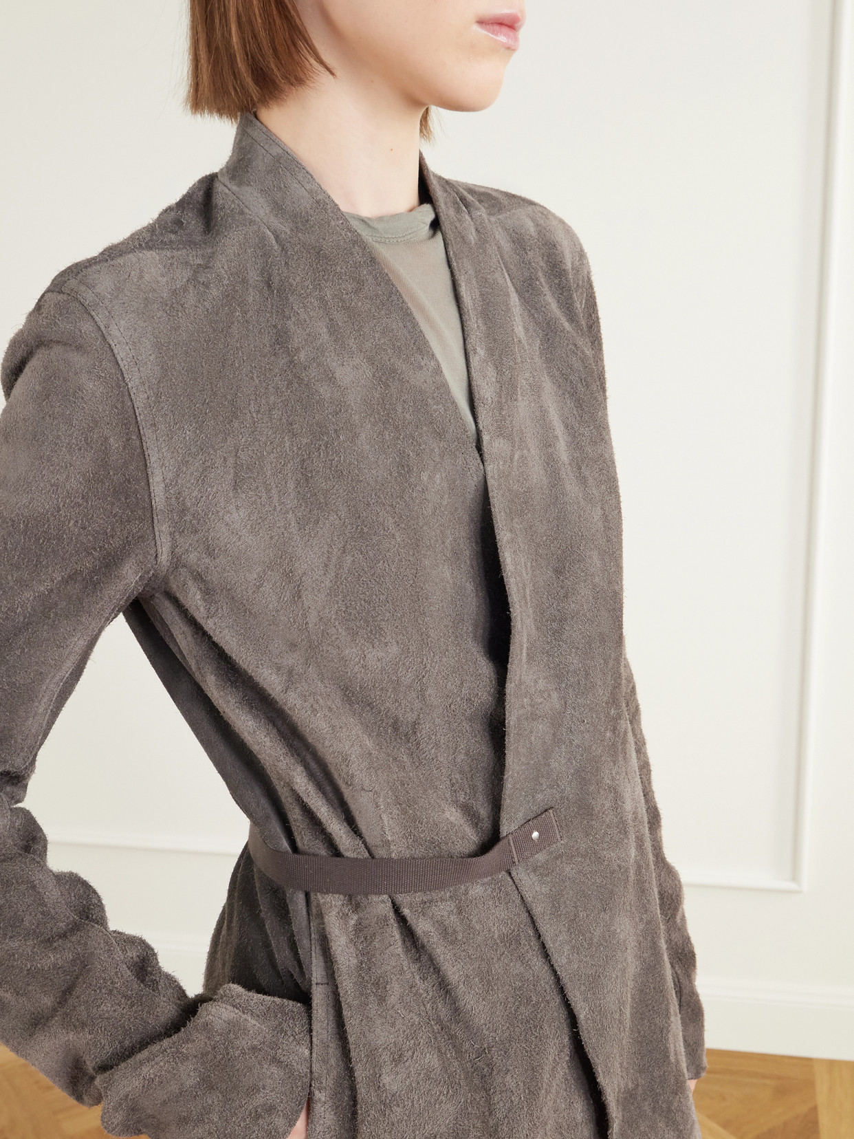 Belted Paneled Suede Wrap Coat