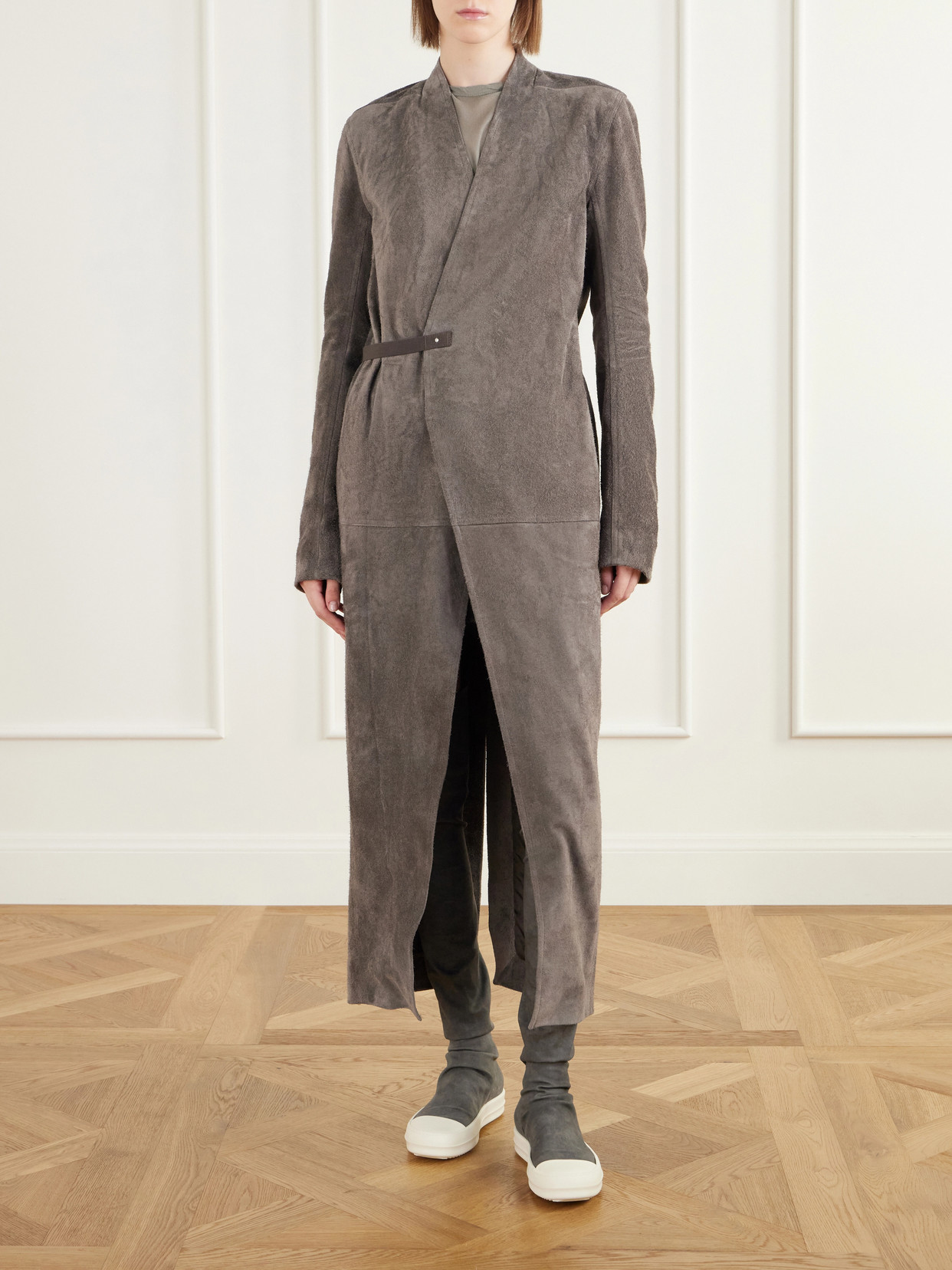 Belted Paneled Suede Wrap Coat
