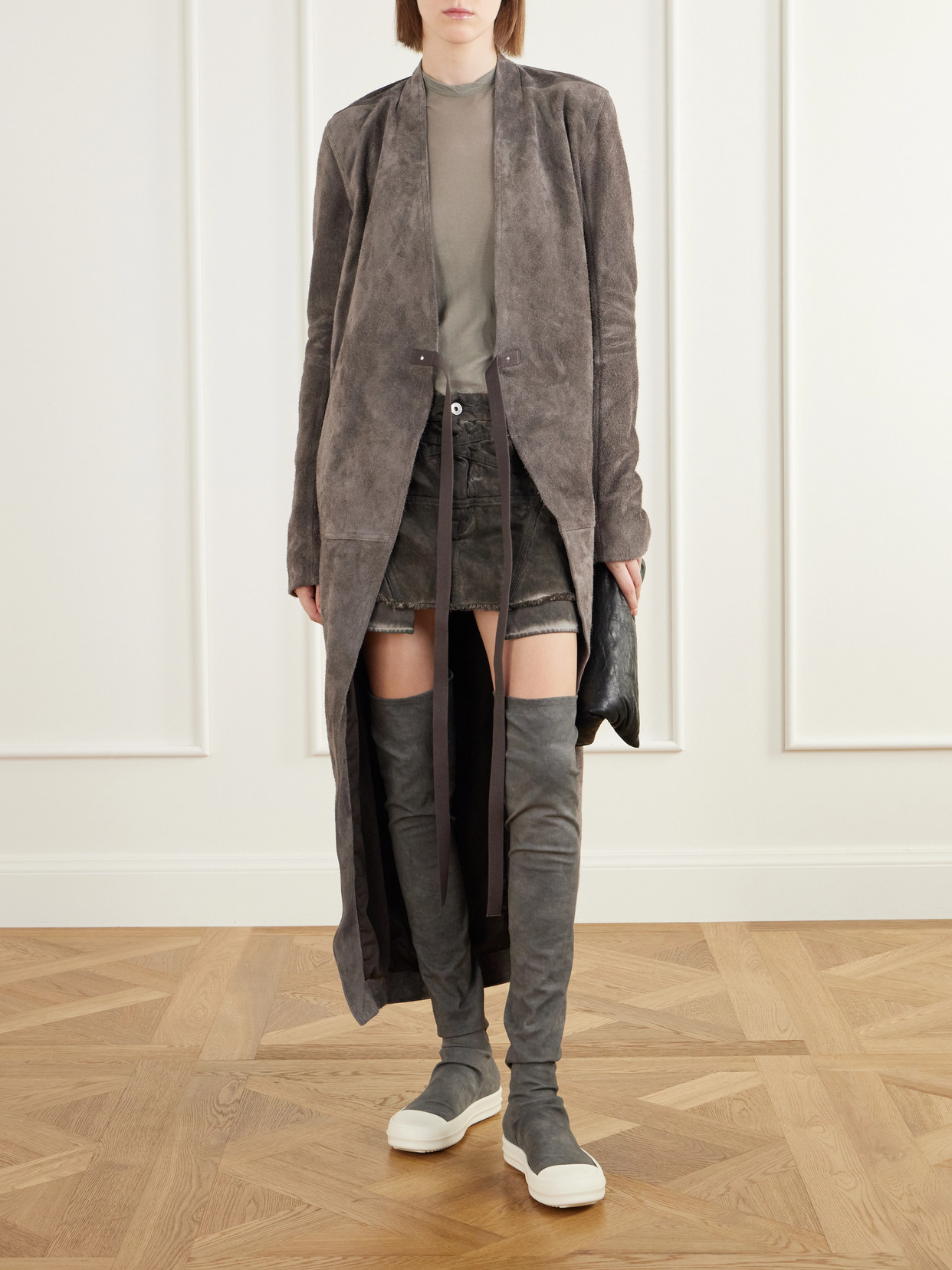Belted Paneled Suede Wrap Coat