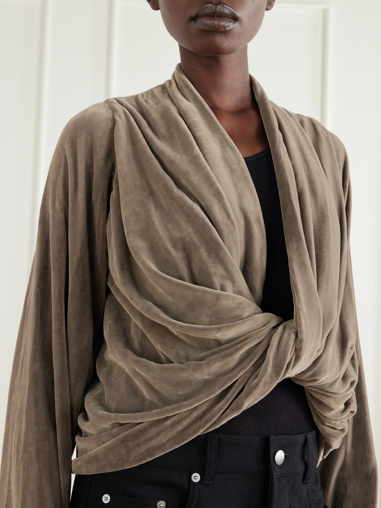 Twist Draped Velvet Crop Blouse