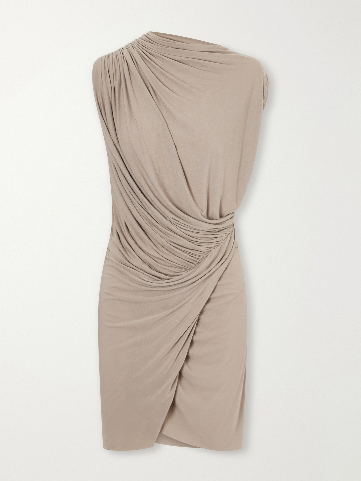 Rick Owens Ares Asymmetric Draped Gathered Stretch-jersey Mini Dress In Neutral