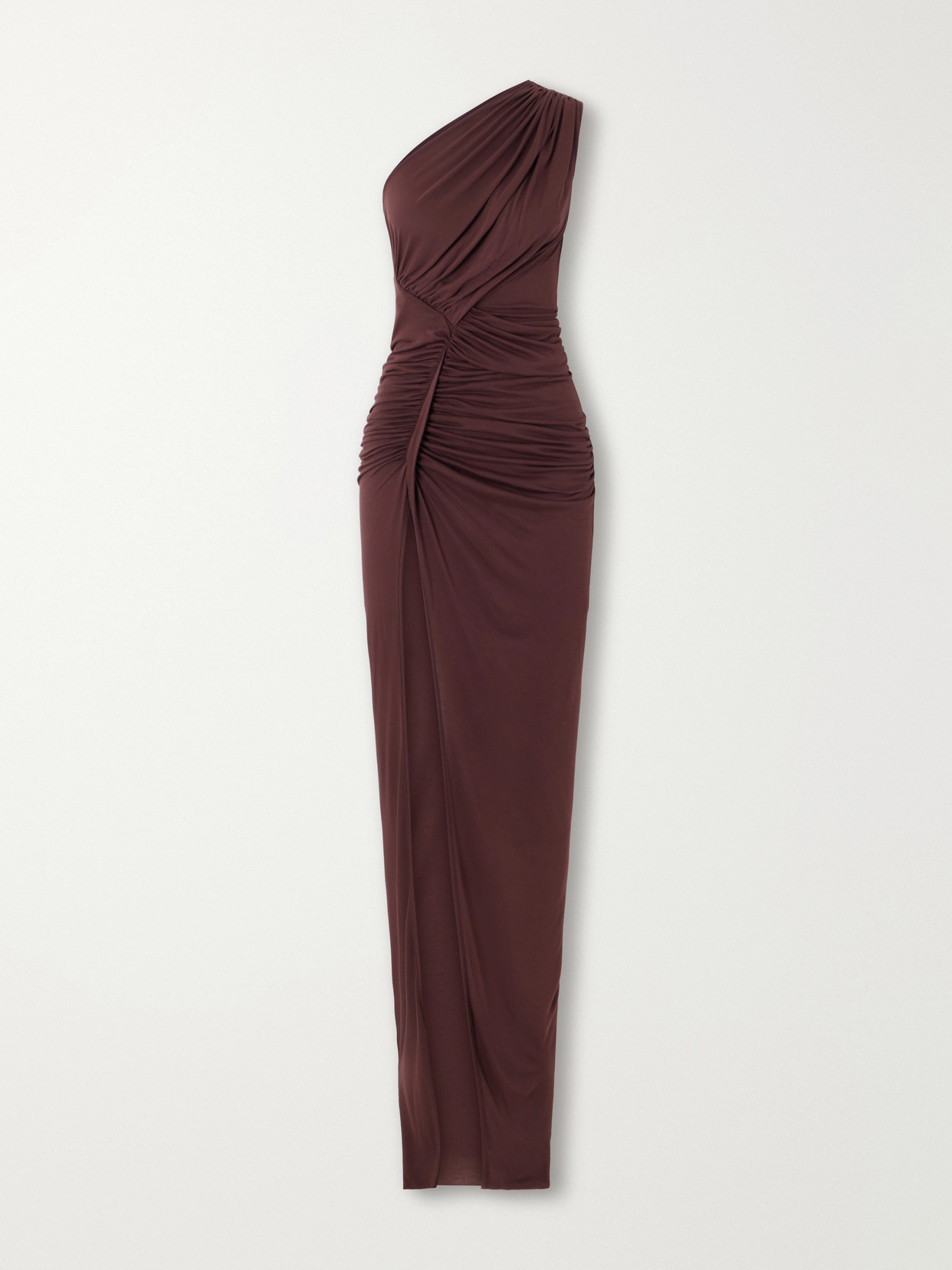 Rick Owens Avra One-shoulder Ruched Jersey Maxi Dress In Brown