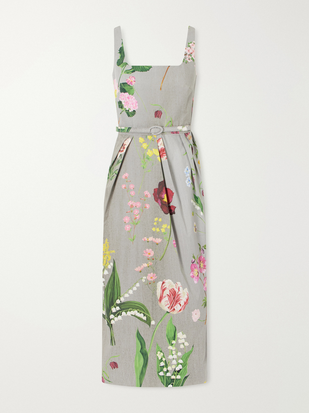Oscar De La Renta Floral-printed Stretch Cotton-poplin Midi-dress In Gray