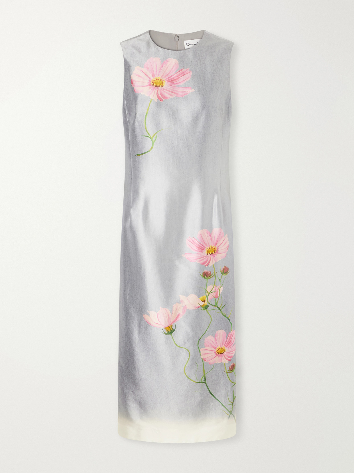 Oscar De La Renta Floral-print Satin Midi Dress In Gray