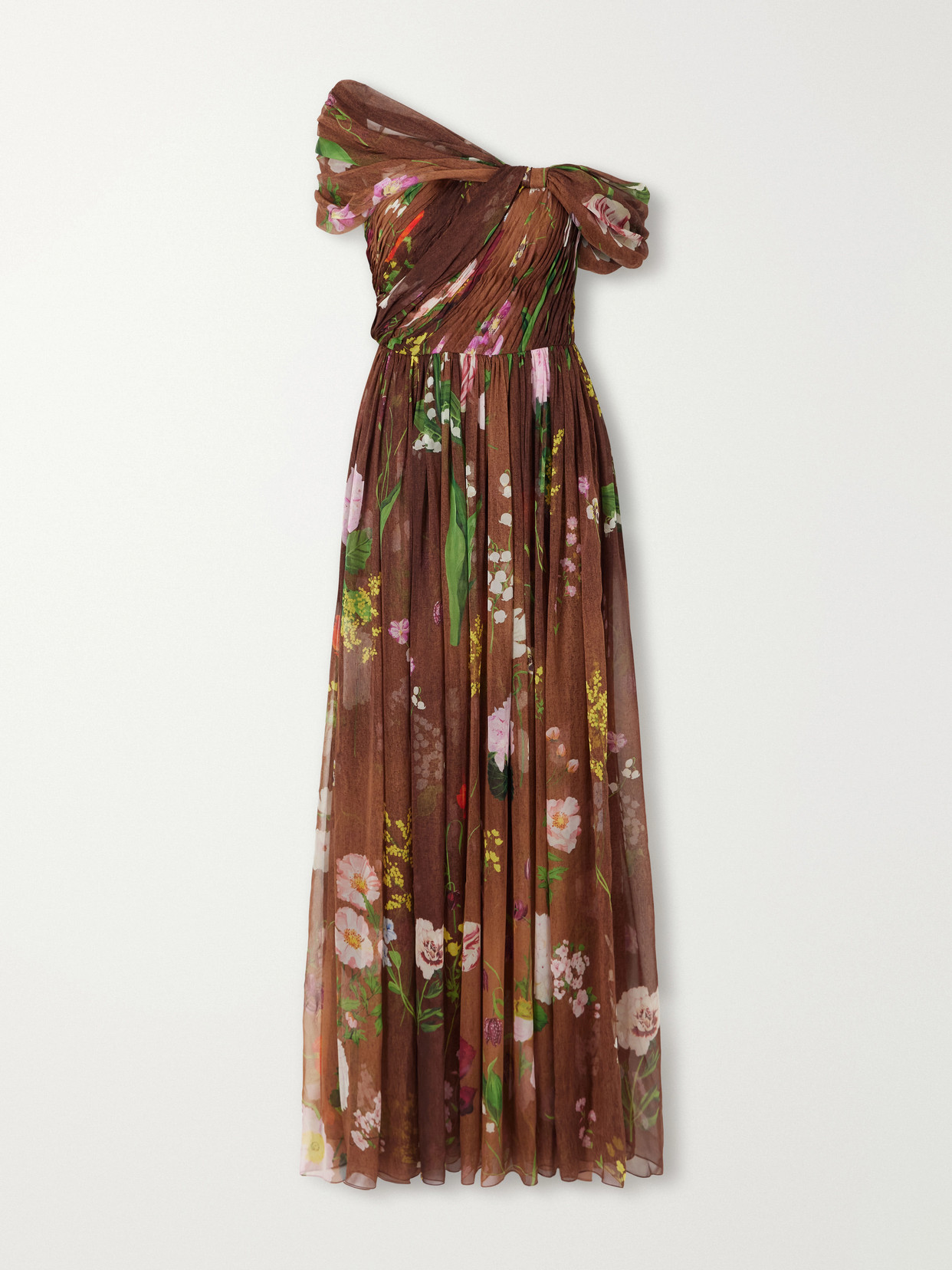 Oscar De La Renta Off-the-shoulder Pleated Floral-print Silk-chiffon Gown In Brown