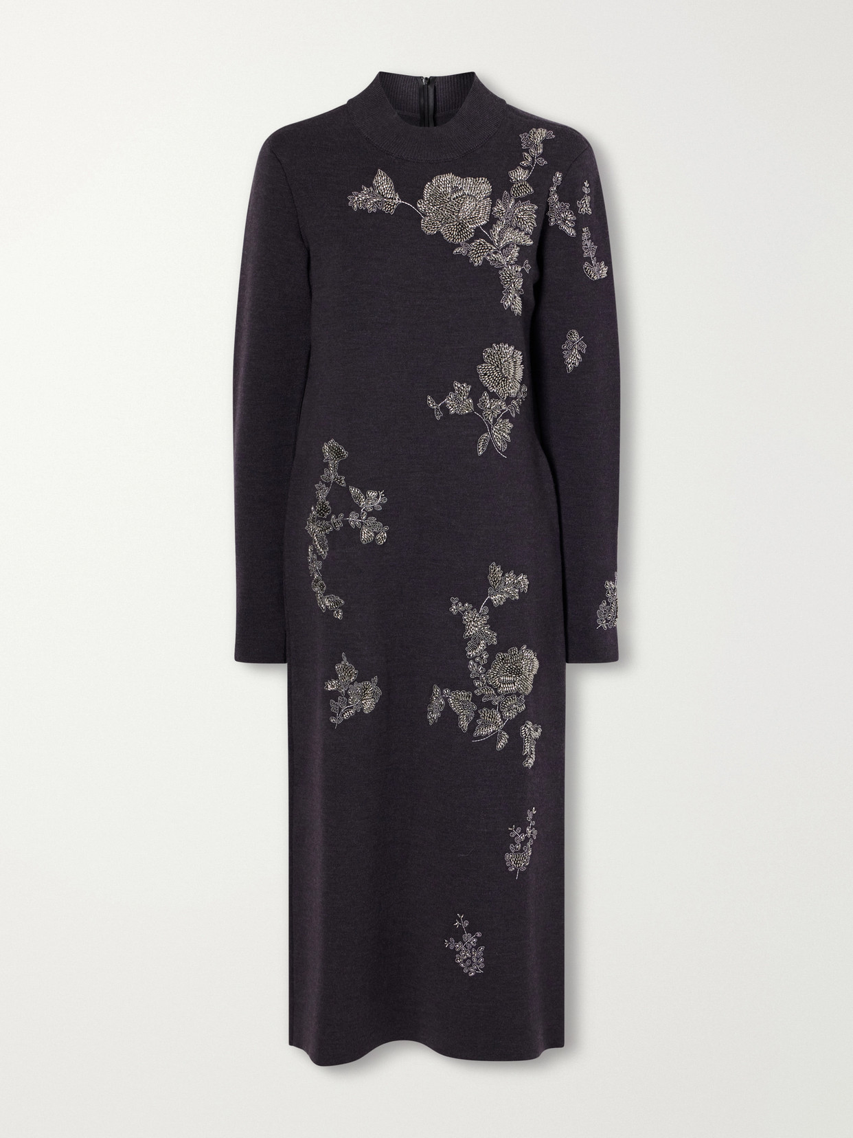 Oscar De La Renta Bead-embellished Embroidered Wool-blend Knitted Midi Dress In Black