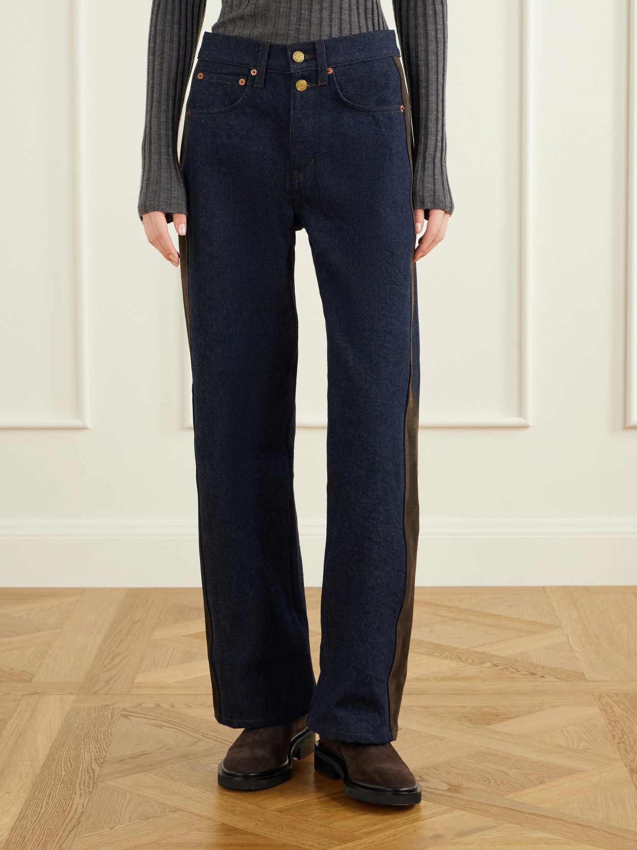 Evan Suede-Trimmed Mid-Rise Wide- Leg