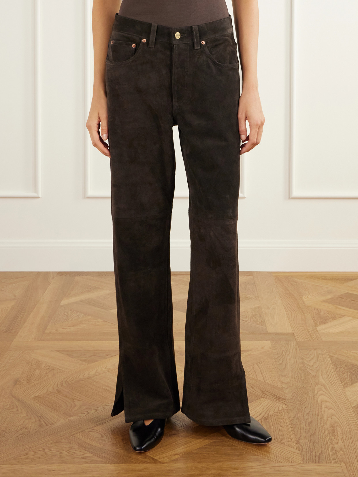 Charlot Split Hem Suede Mid-Rise Wide- Leg