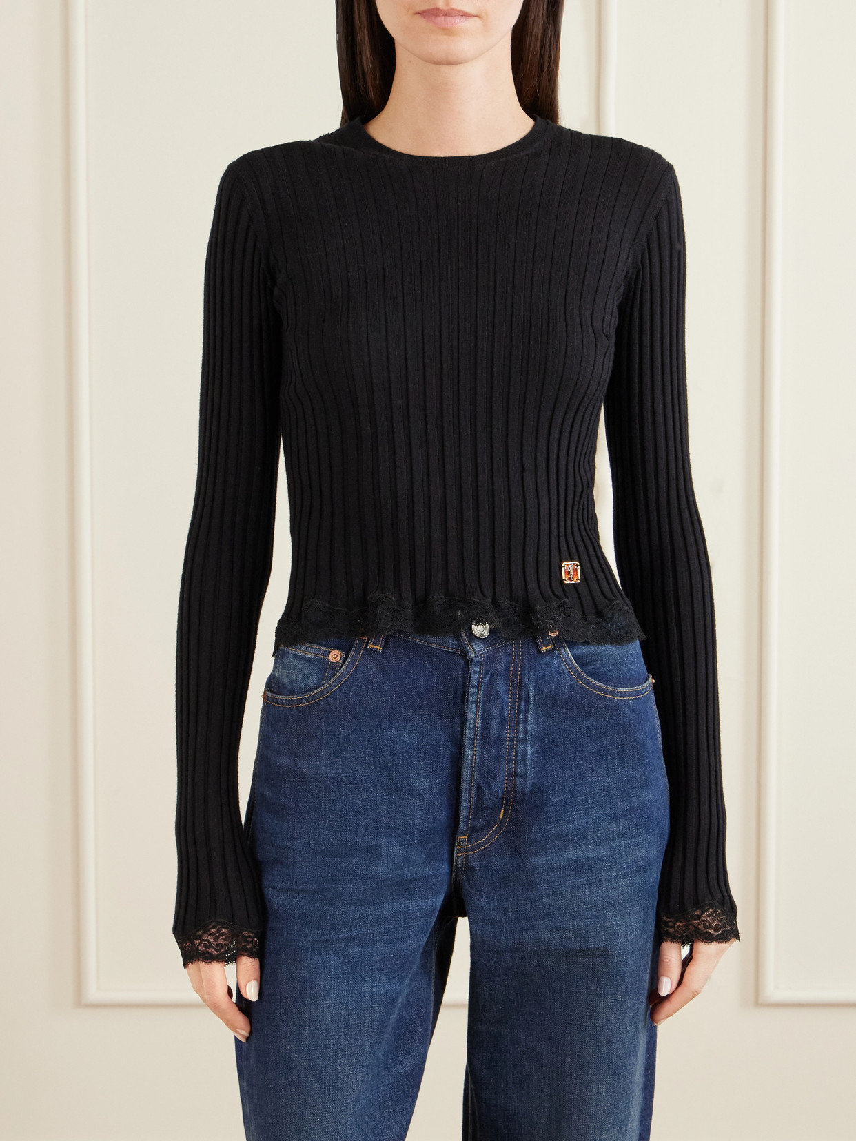 Logo-Appliquéd Lace-Trimmed Ribbed Wool, Cashmere And Silk-Blend Knitwear