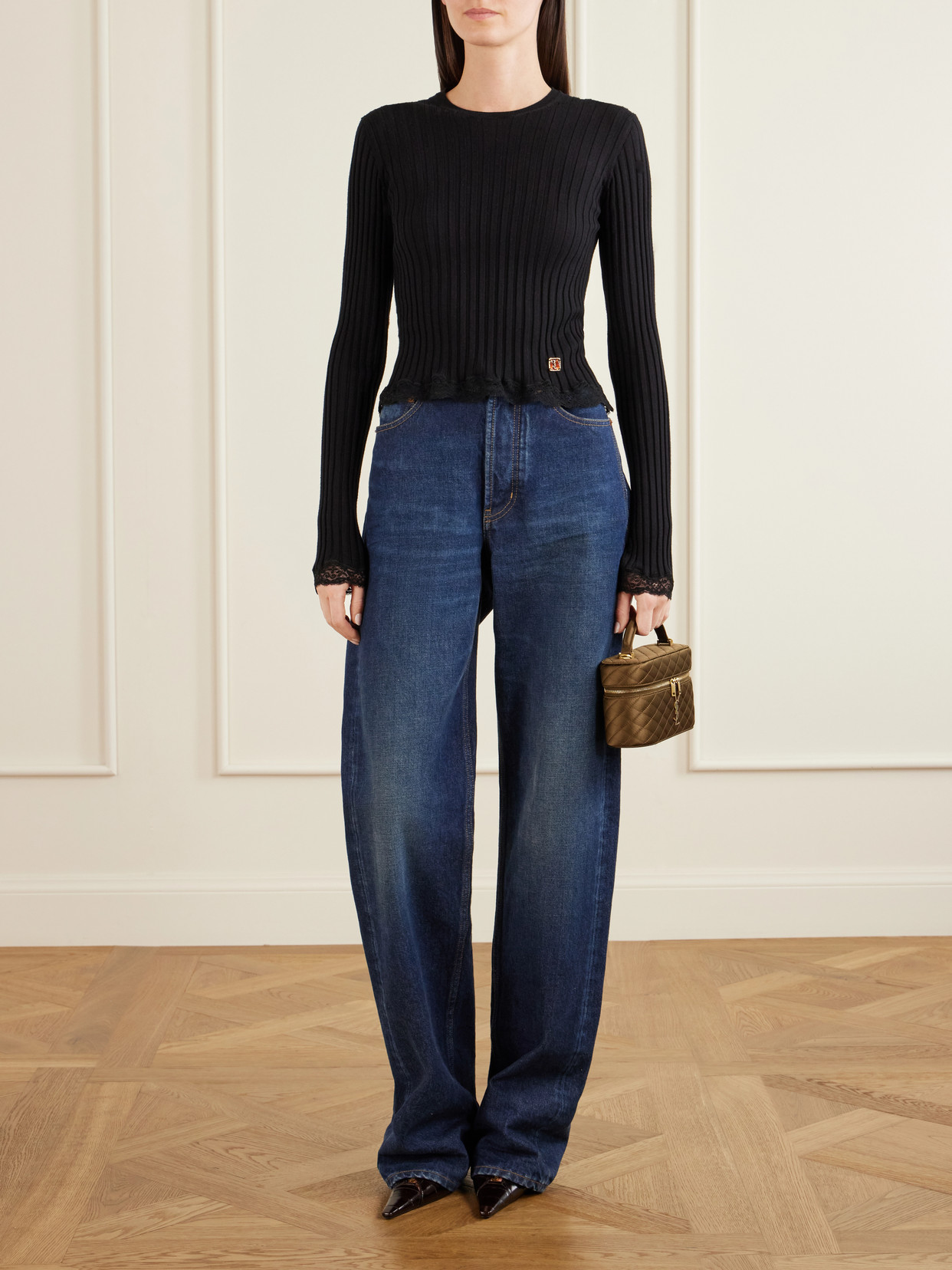 Logo-Appliquéd Lace-Trimmed Ribbed Wool, Cashmere And Silk-Blend Knitwear