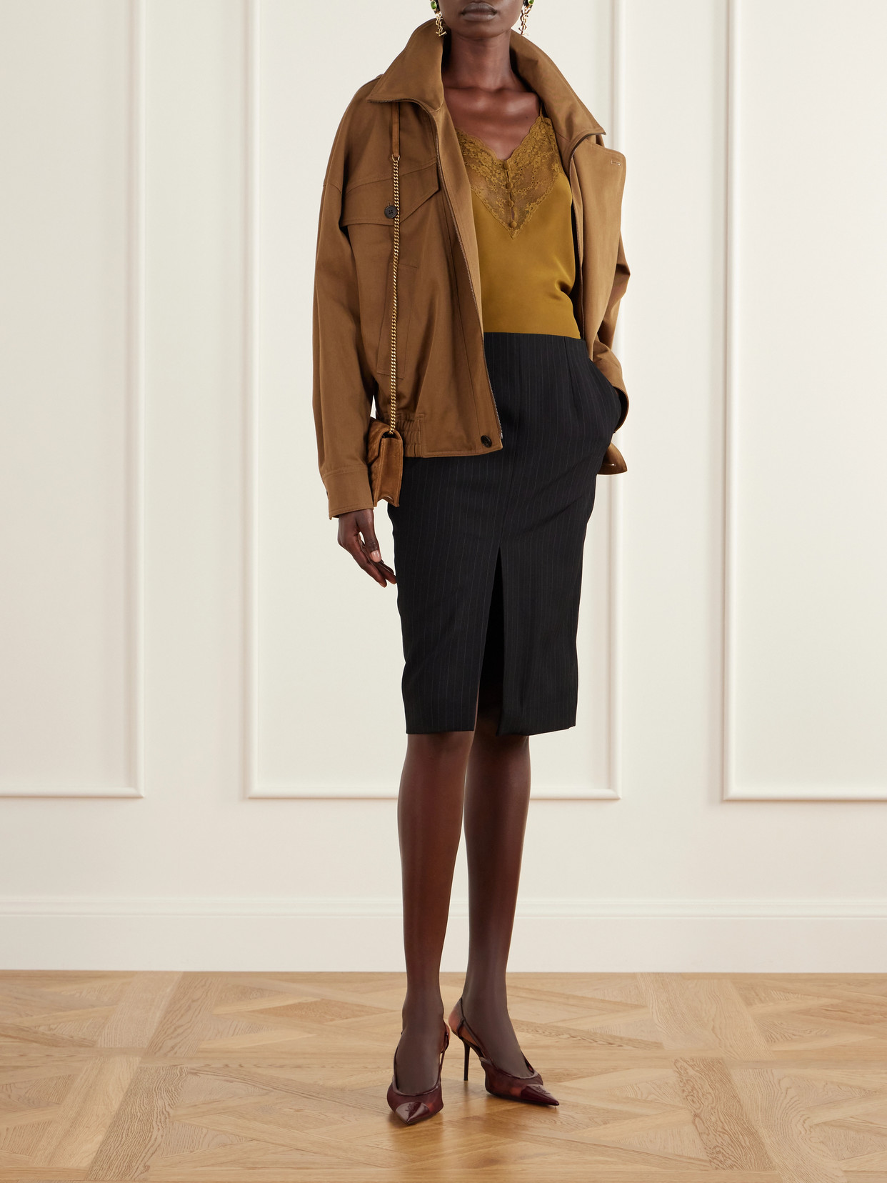 Pinstriped Wool-Blend Knee-Length Skirt
