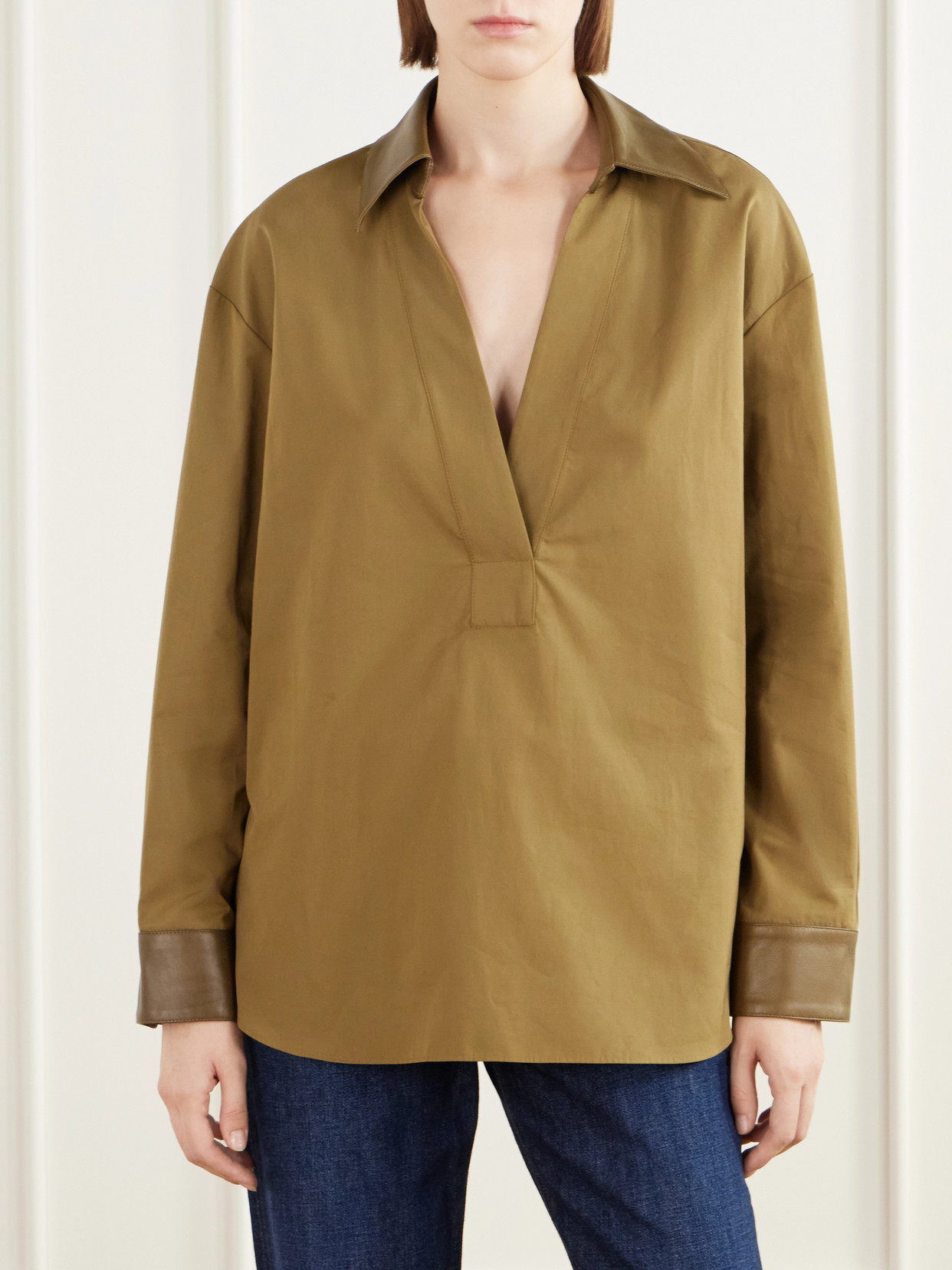 A Case Of You Combo Leather-Trimmed Cotton-Poplin Shirt