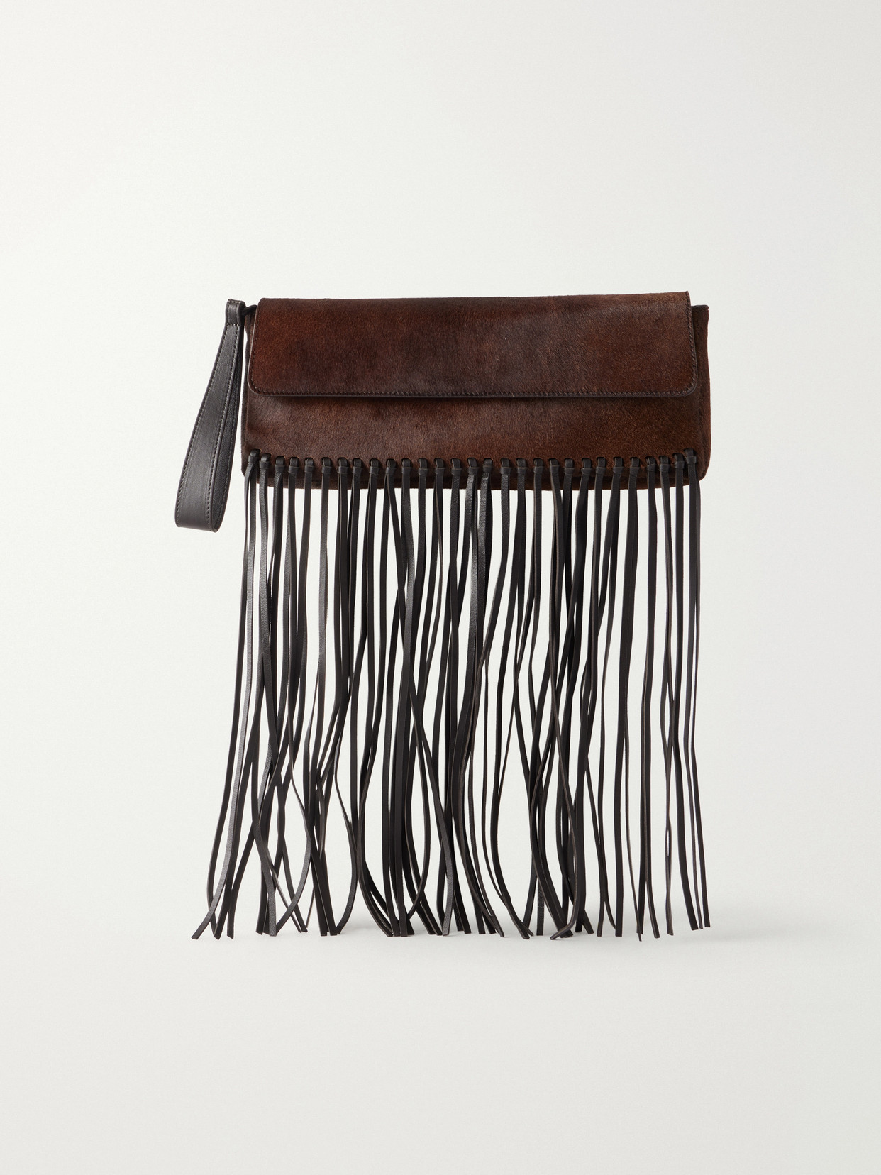 Twp Fringed Leather-trimmed Calf Hair Clutch In Brown