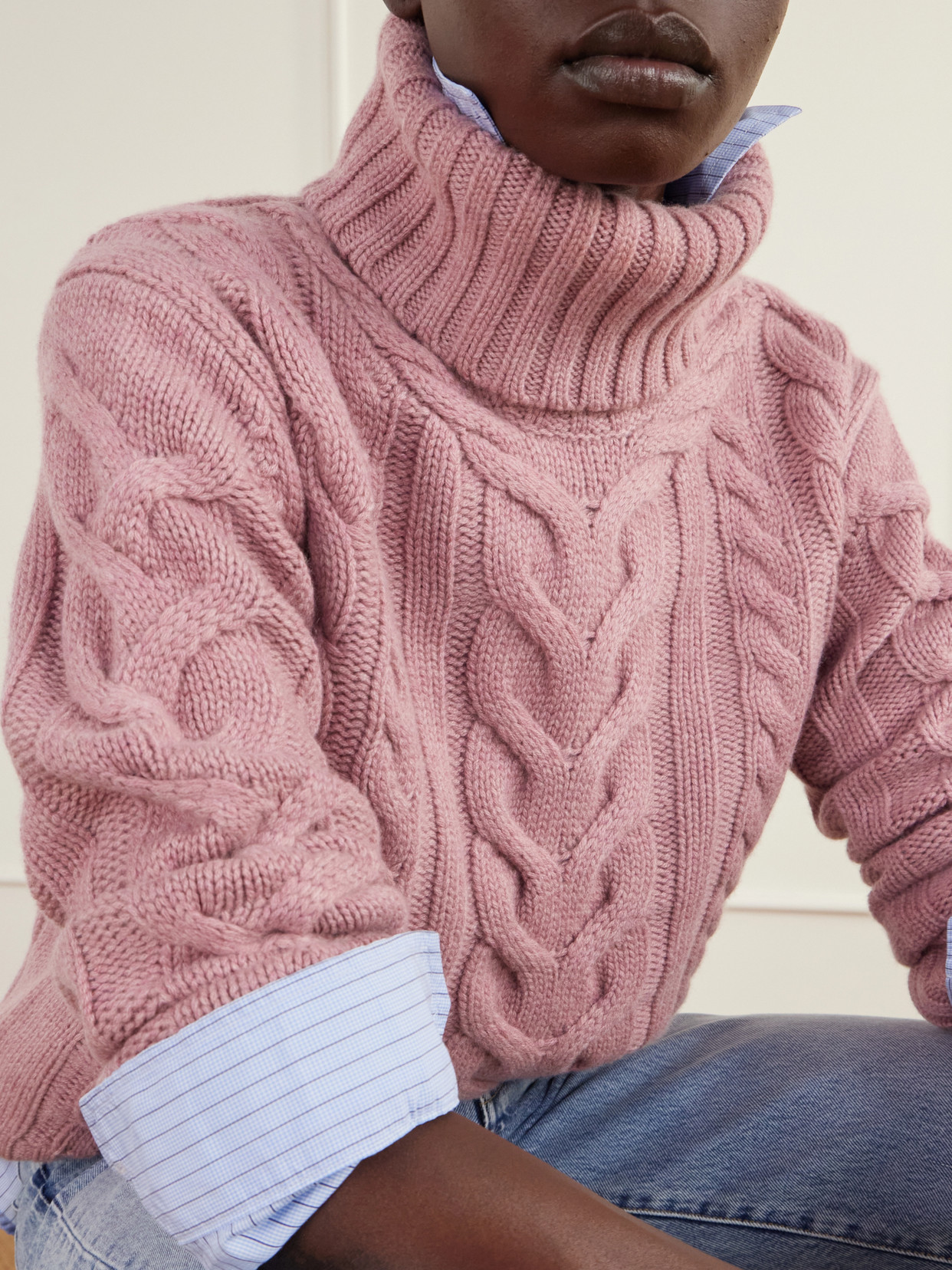Traveling Cable-Knit Cashmere Turtleneck Sweater