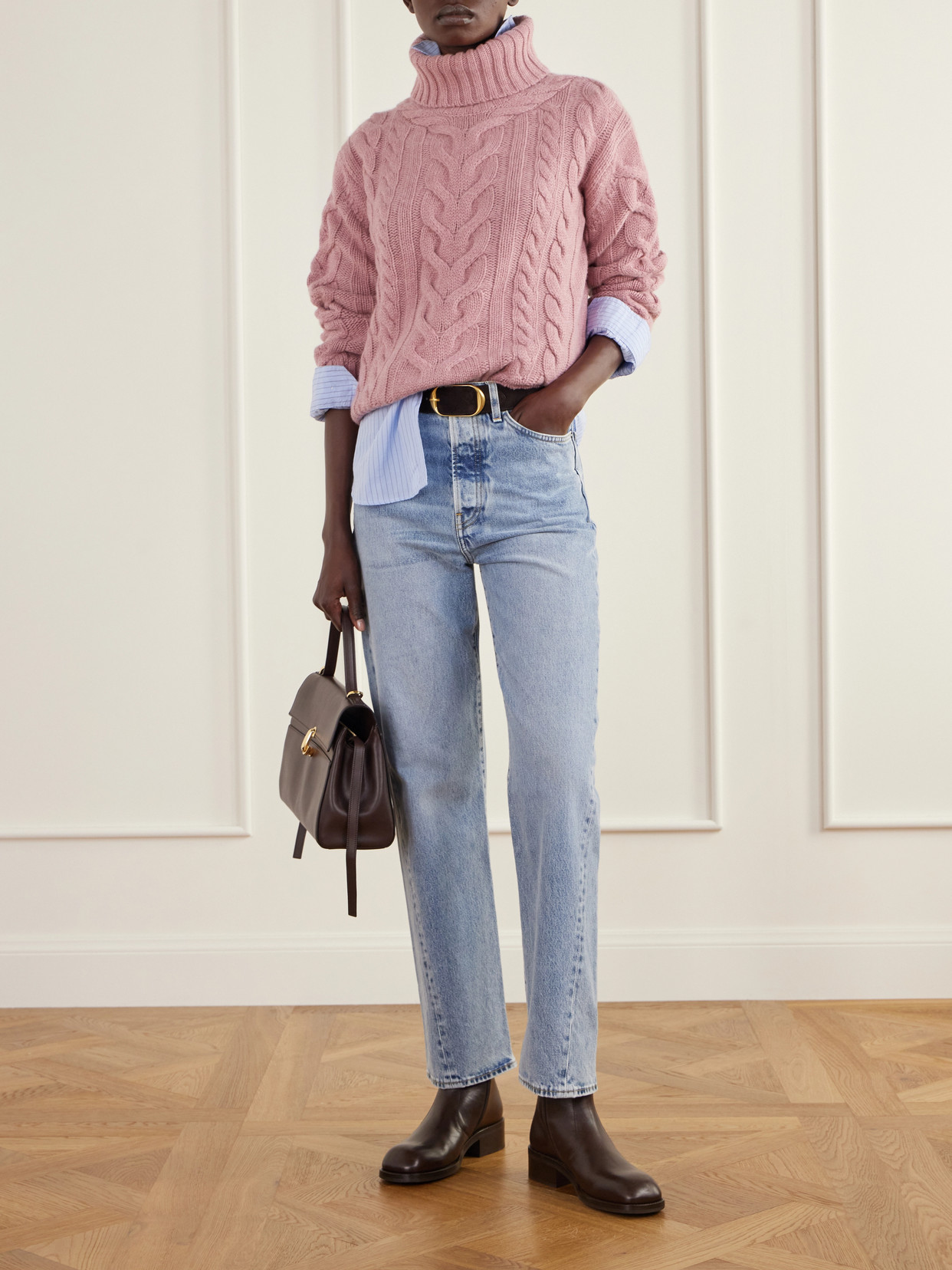 Traveling Cable-Knit Cashmere Turtleneck Sweater