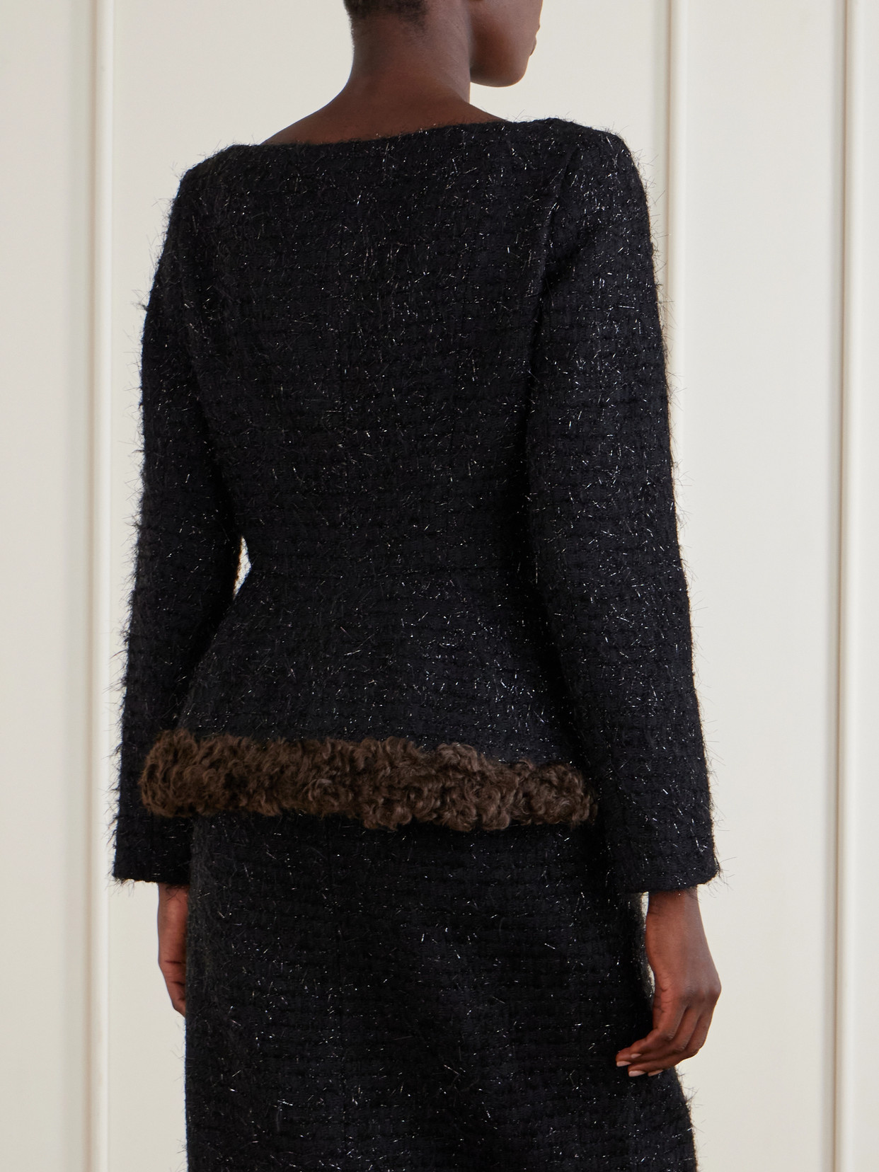 Plush-Trimmed Metallic Tweed Jacket