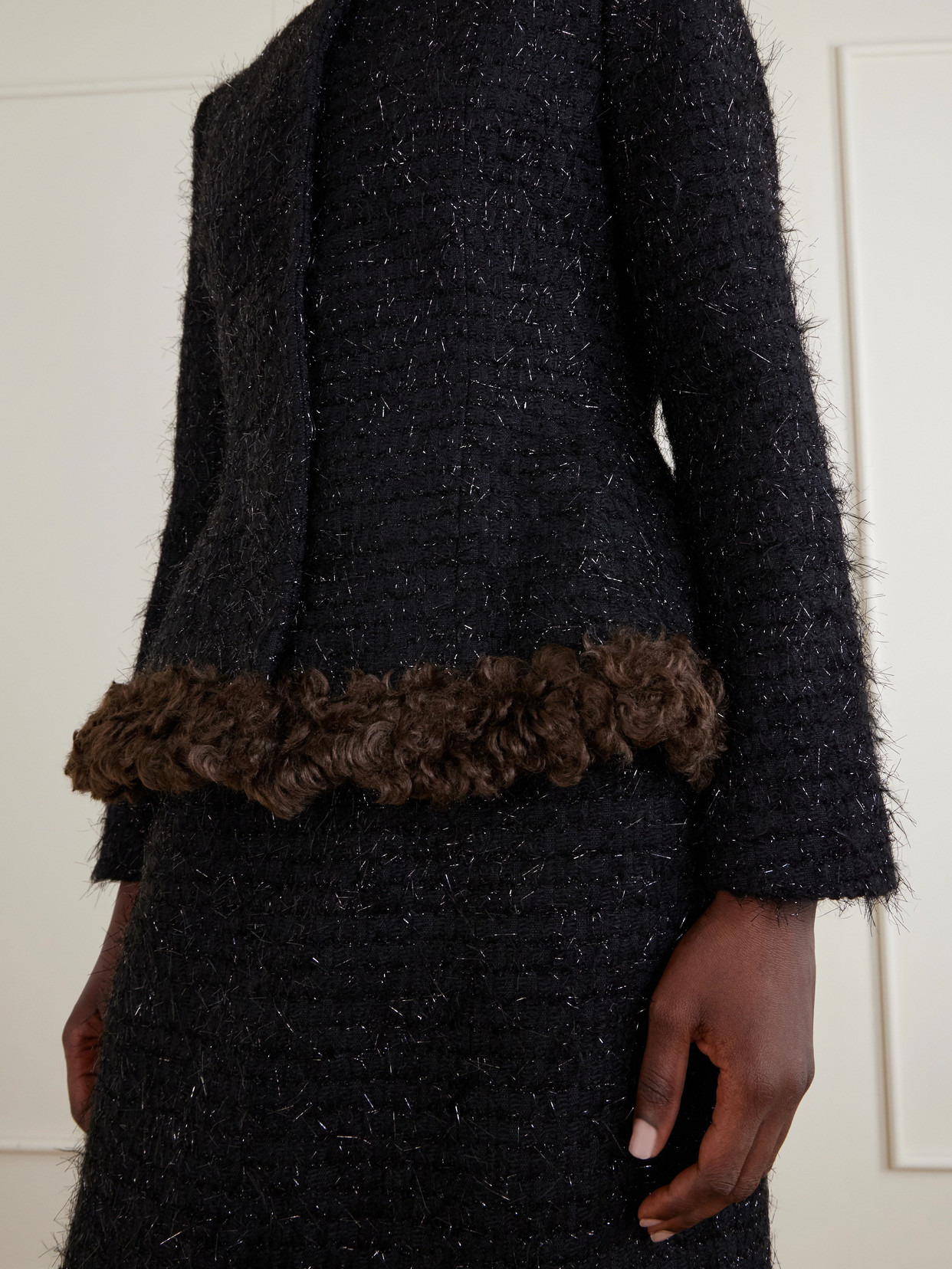 Plush-Trimmed Metallic Tweed Jacket