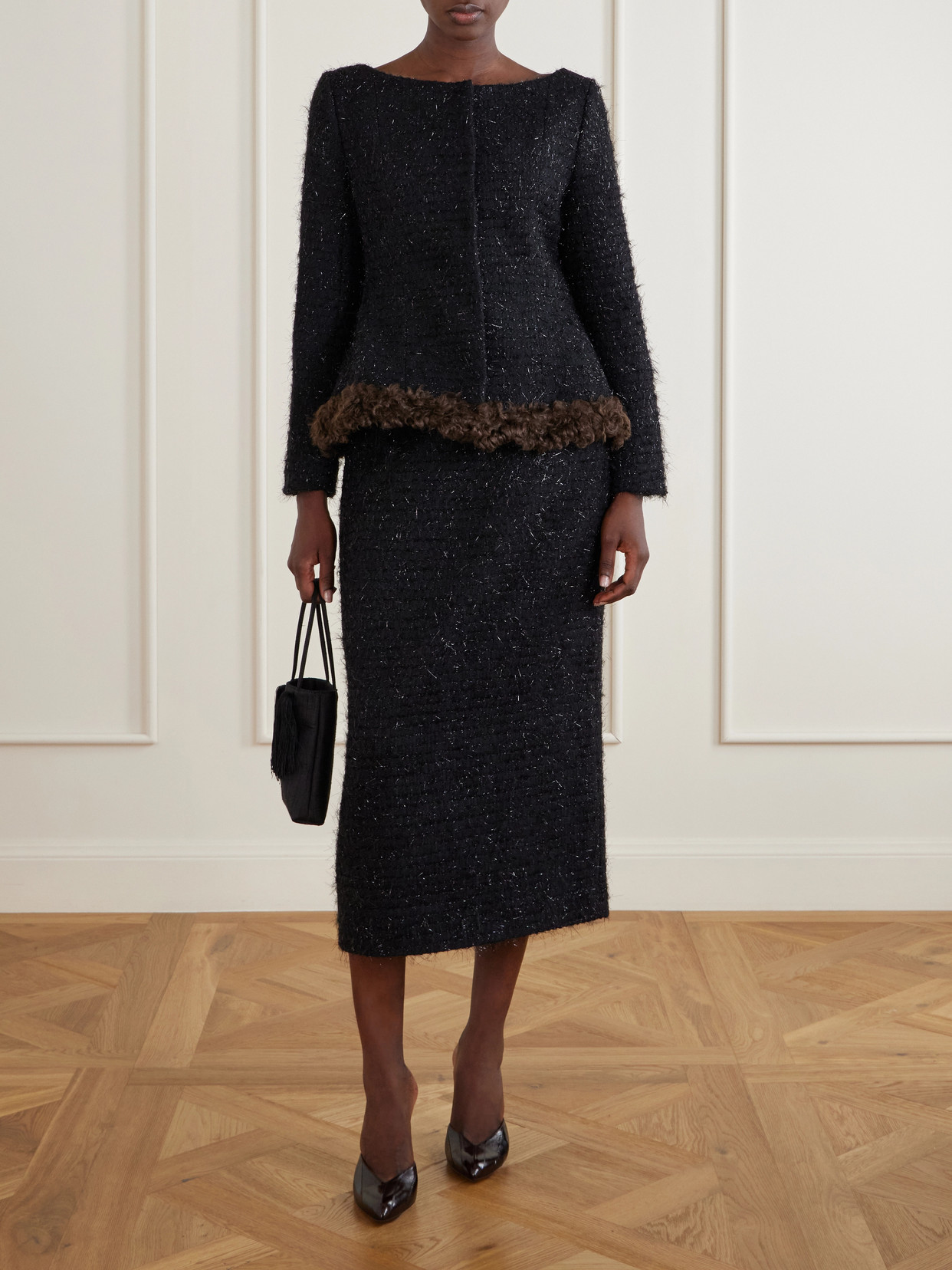 Plush-Trimmed Metallic Tweed Jacket