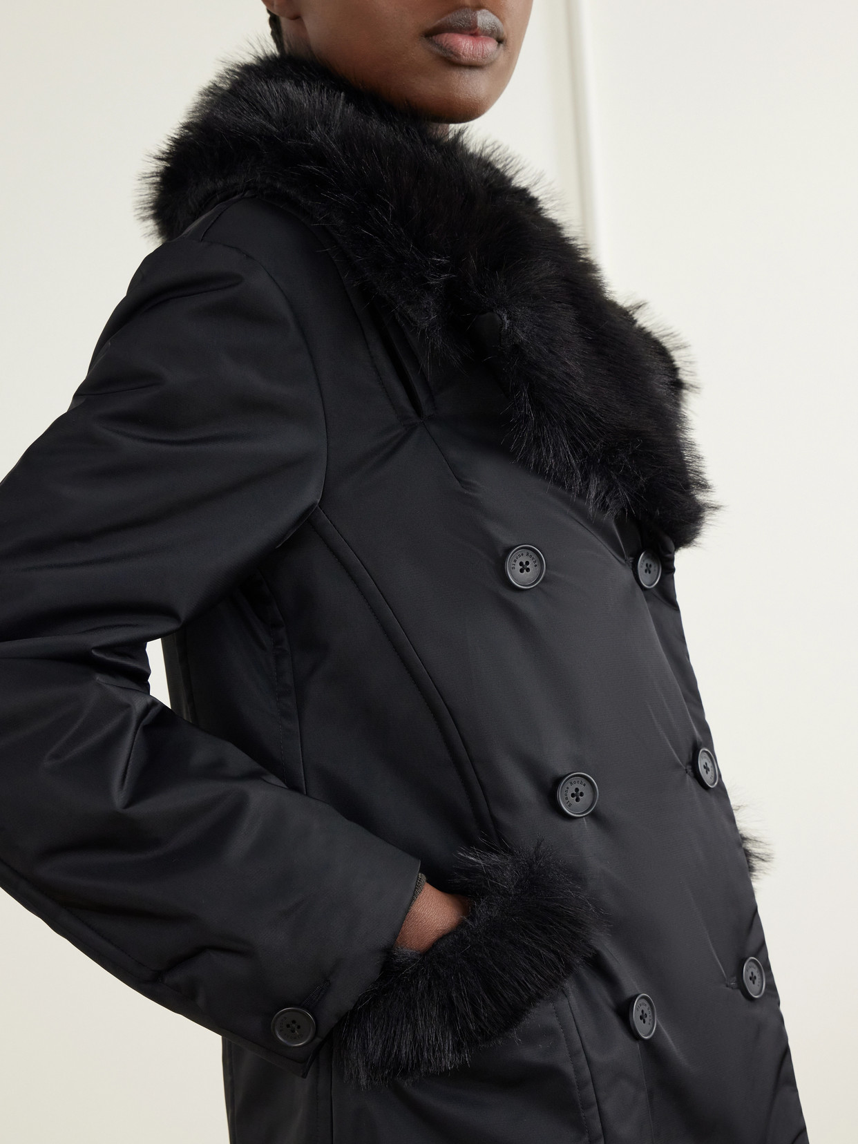 Double-Breasted Plush-Trimmed Coat