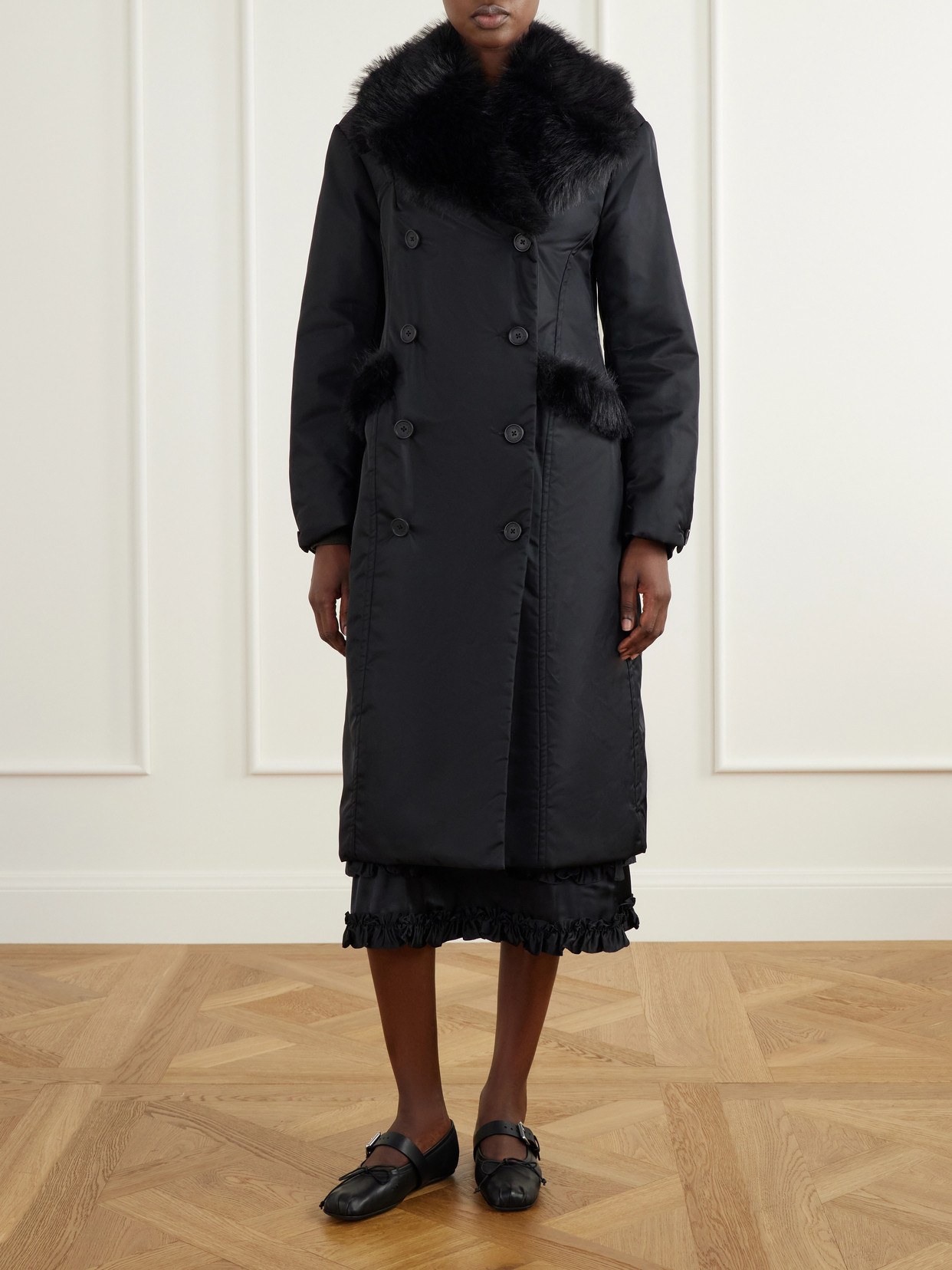 Double-Breasted Plush-Trimmed Coat